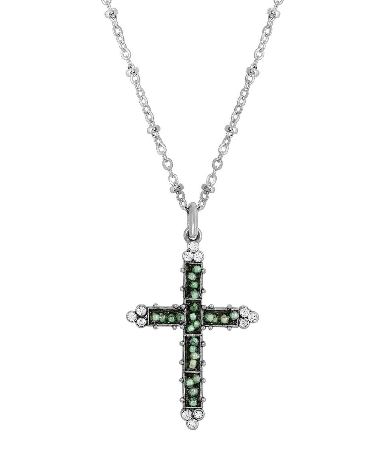 Symbols Of Faith Glass Turquoise Seeded Bead Cross Pendant Necklace 16" + 3" Extender