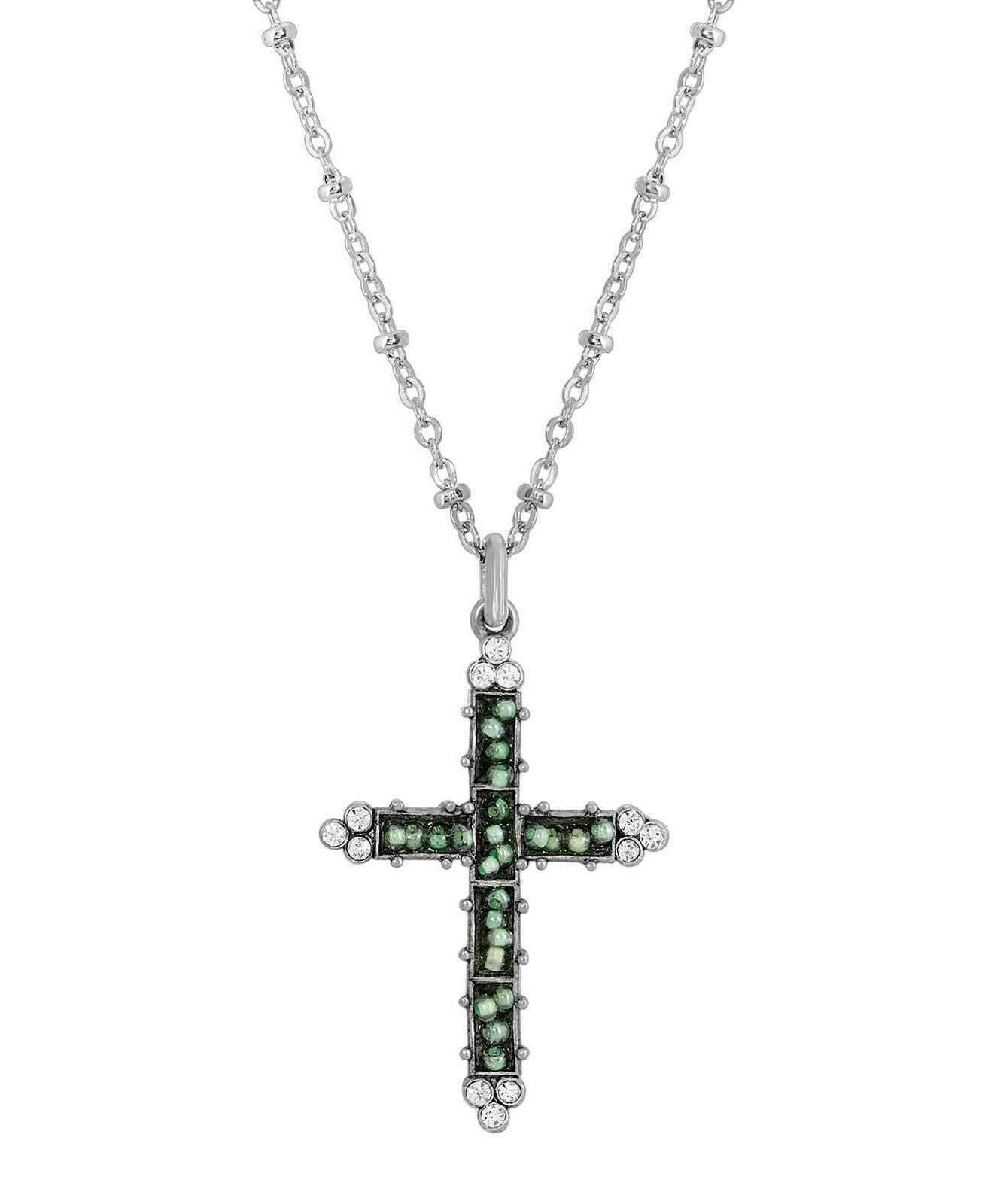 Symbols Of Faith Glass Turquoise Seeded Bead Cross Pendant Necklace 16" + 3" Extender