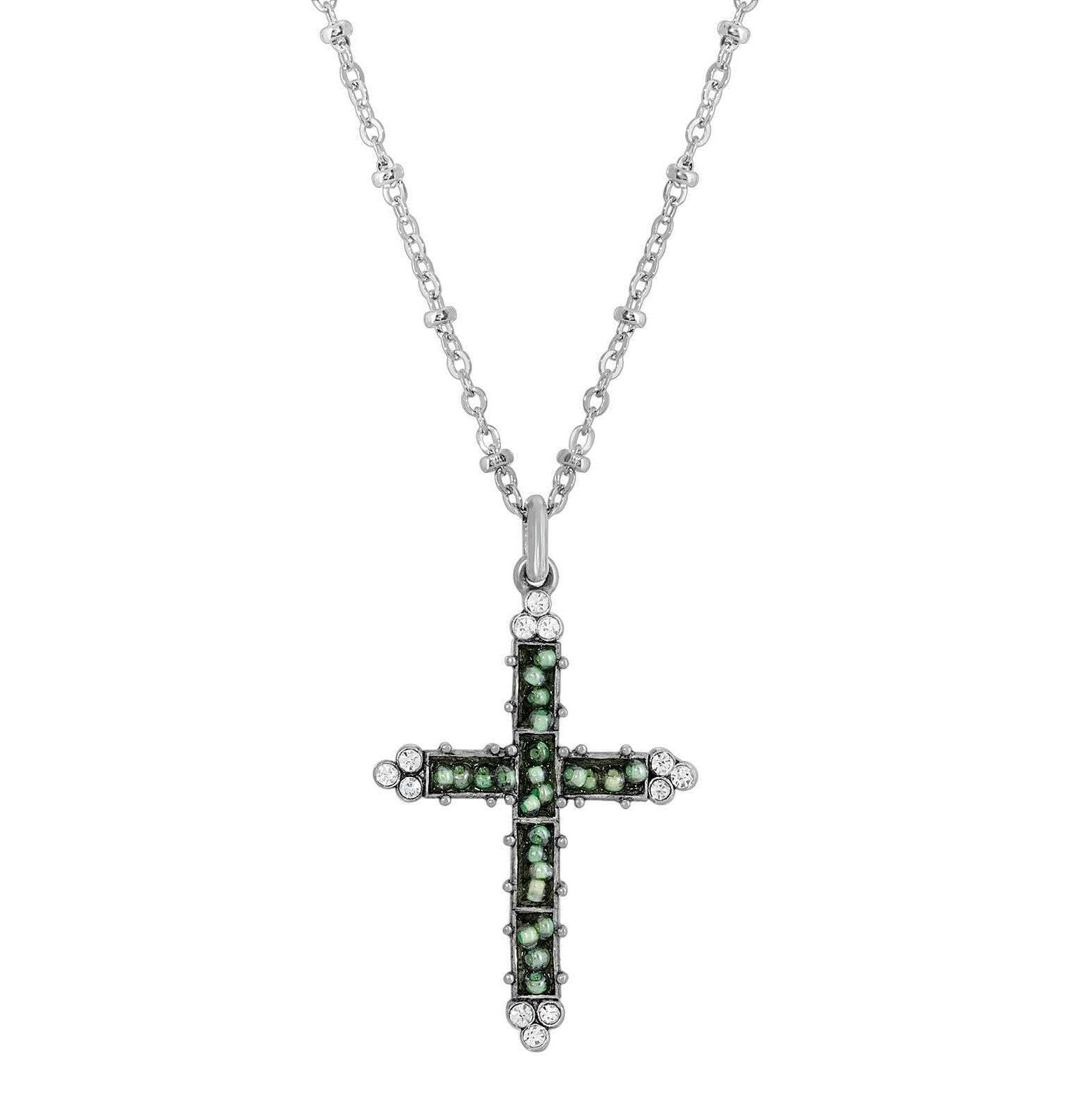 Symbols Of Faith Glass Turquoise Seeded Bead Cross Pendant Necklace 16" + 3" Extender