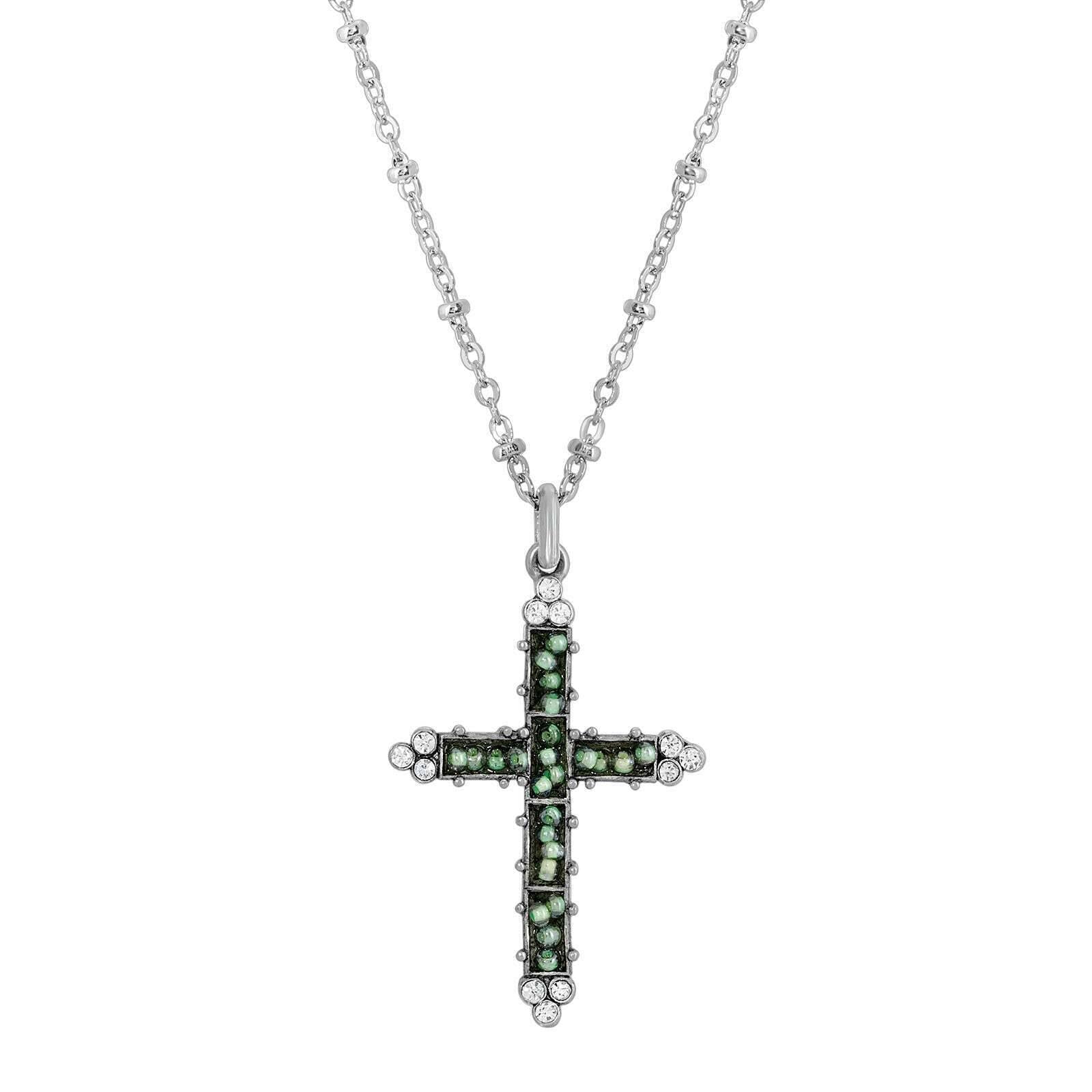 Symbols Of Faith Glass Turquoise Seeded Bead Cross Pendant Necklace 16" + 3" Extender