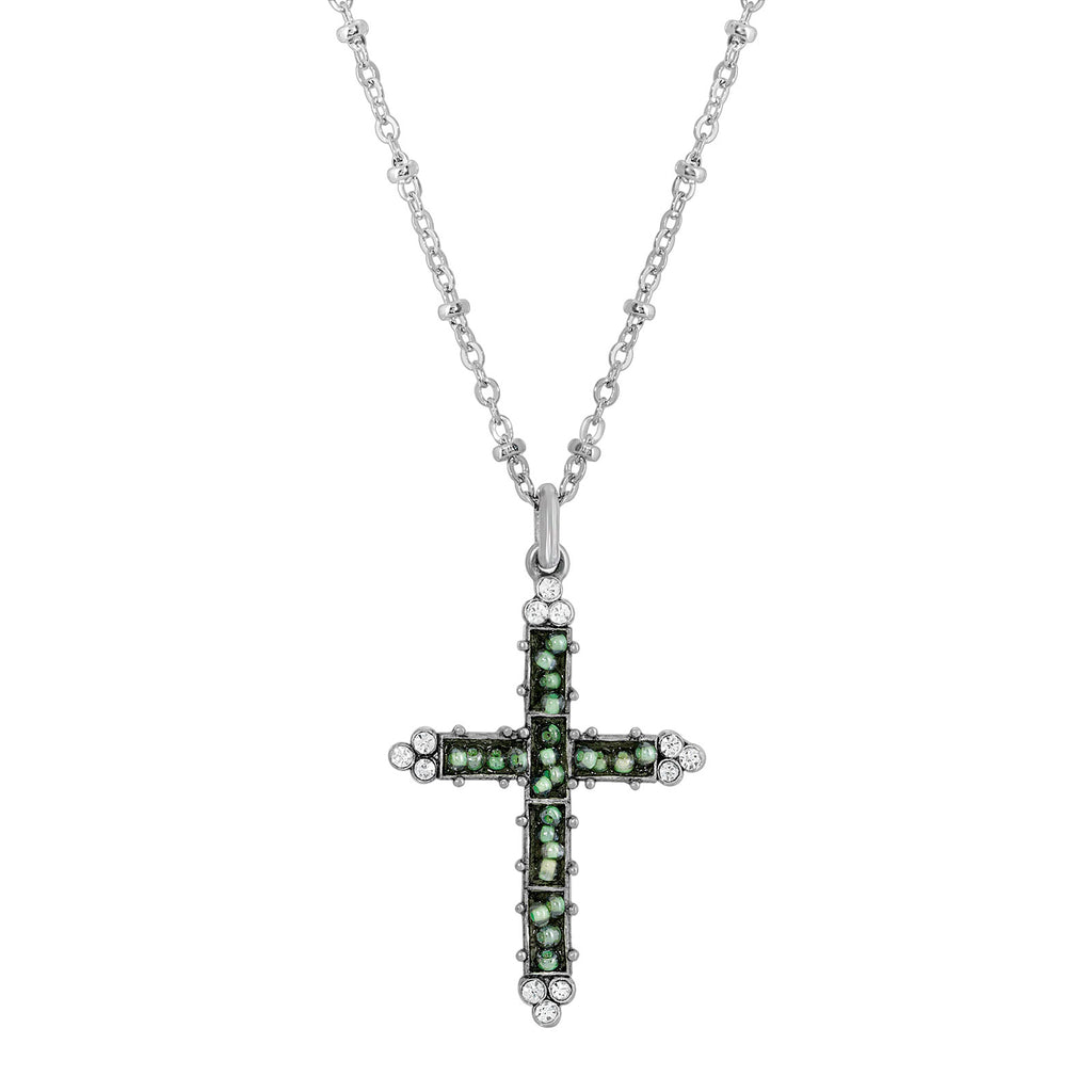Glass Turquoise Seeded Bead Cross Pendant Necklace 16" + 3" Extender