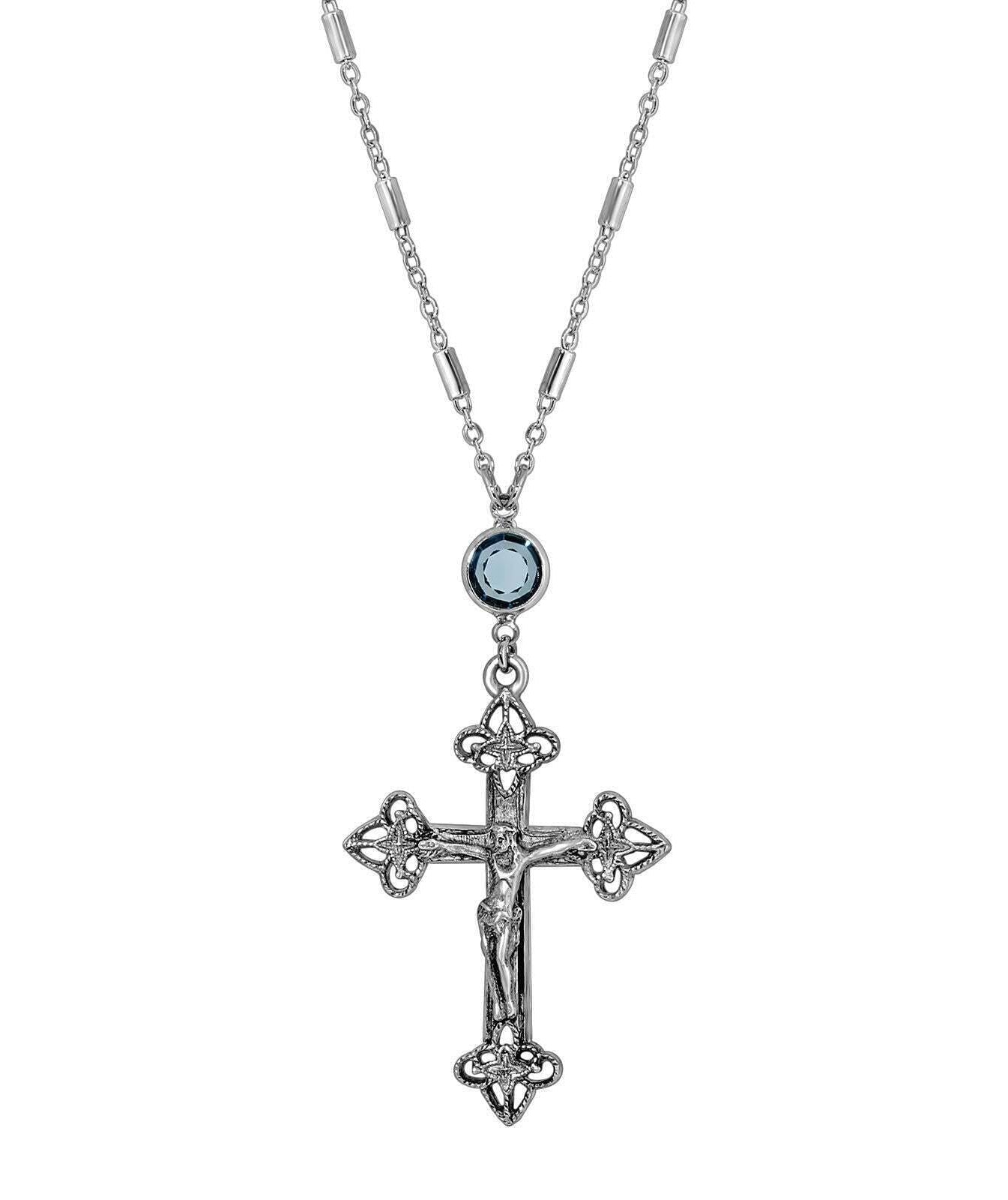 Symbols Of Faith Antiqued Pewter Crucifix Blue Channel Pendant Necklace 18"
