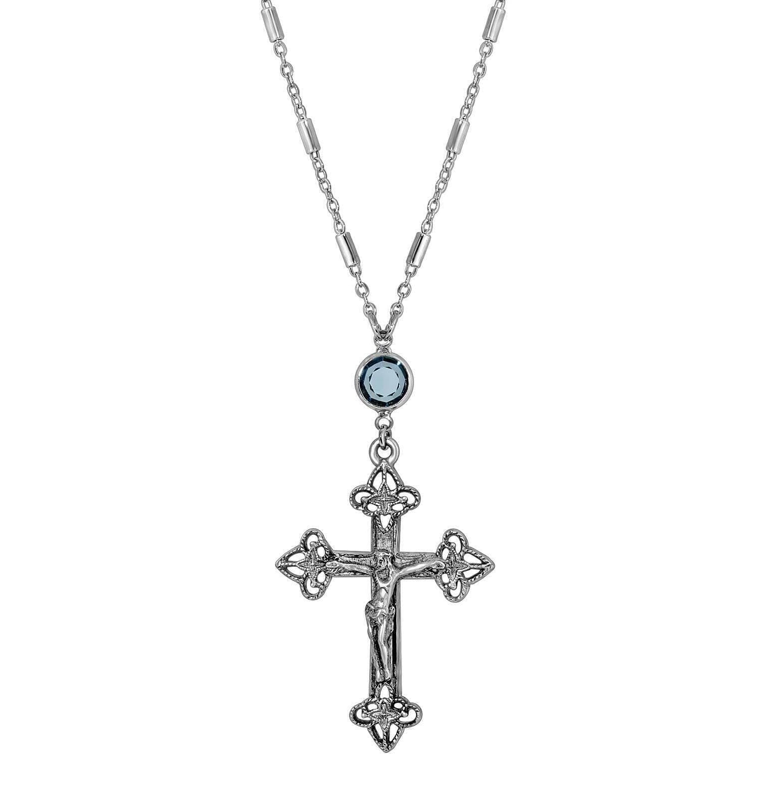 Symbols Of Faith Antiqued Pewter Crucifix Blue Channel Pendant Necklace 18"
