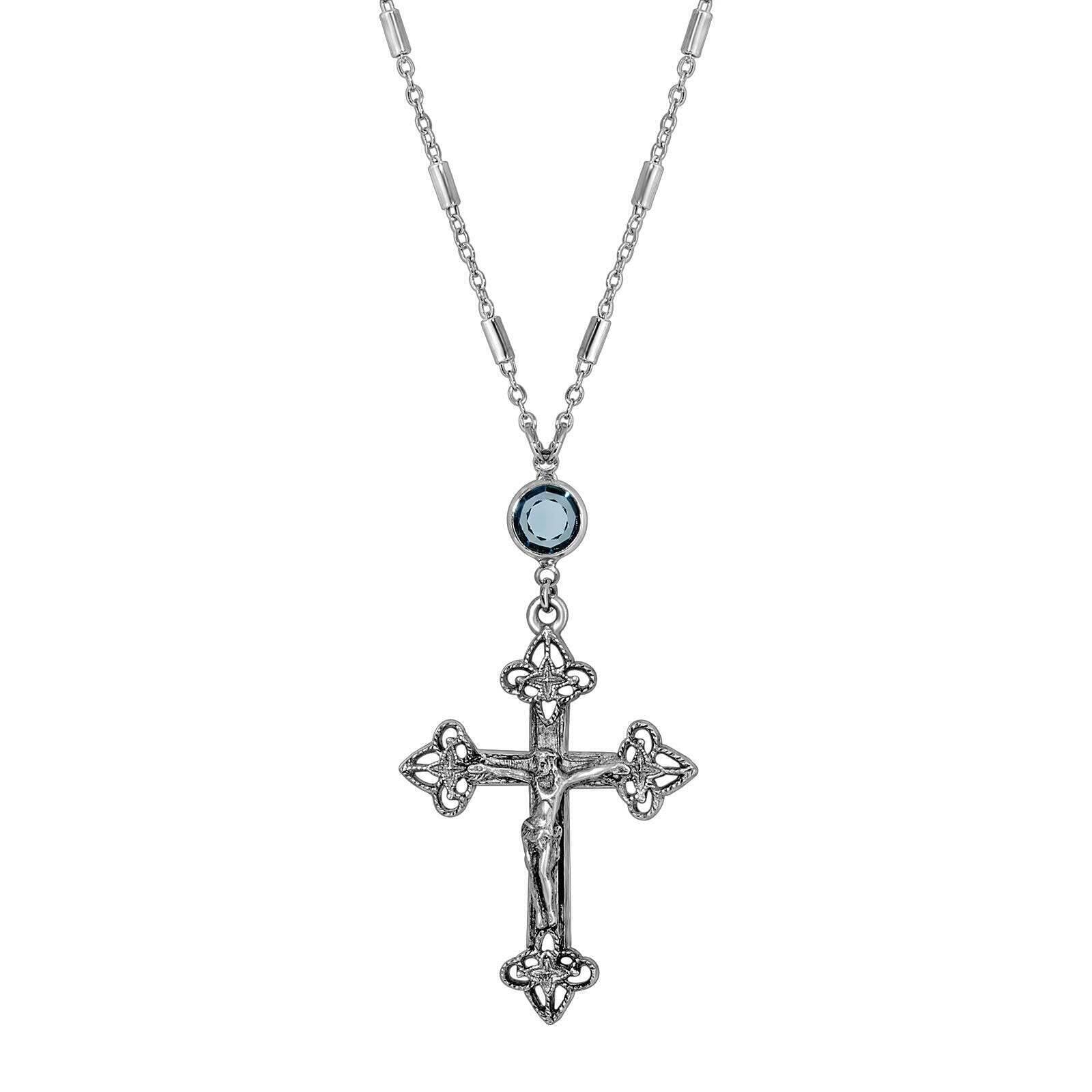 Symbols Of Faith Antiqued Pewter Crucifix Blue Channel Pendant Necklace 18"