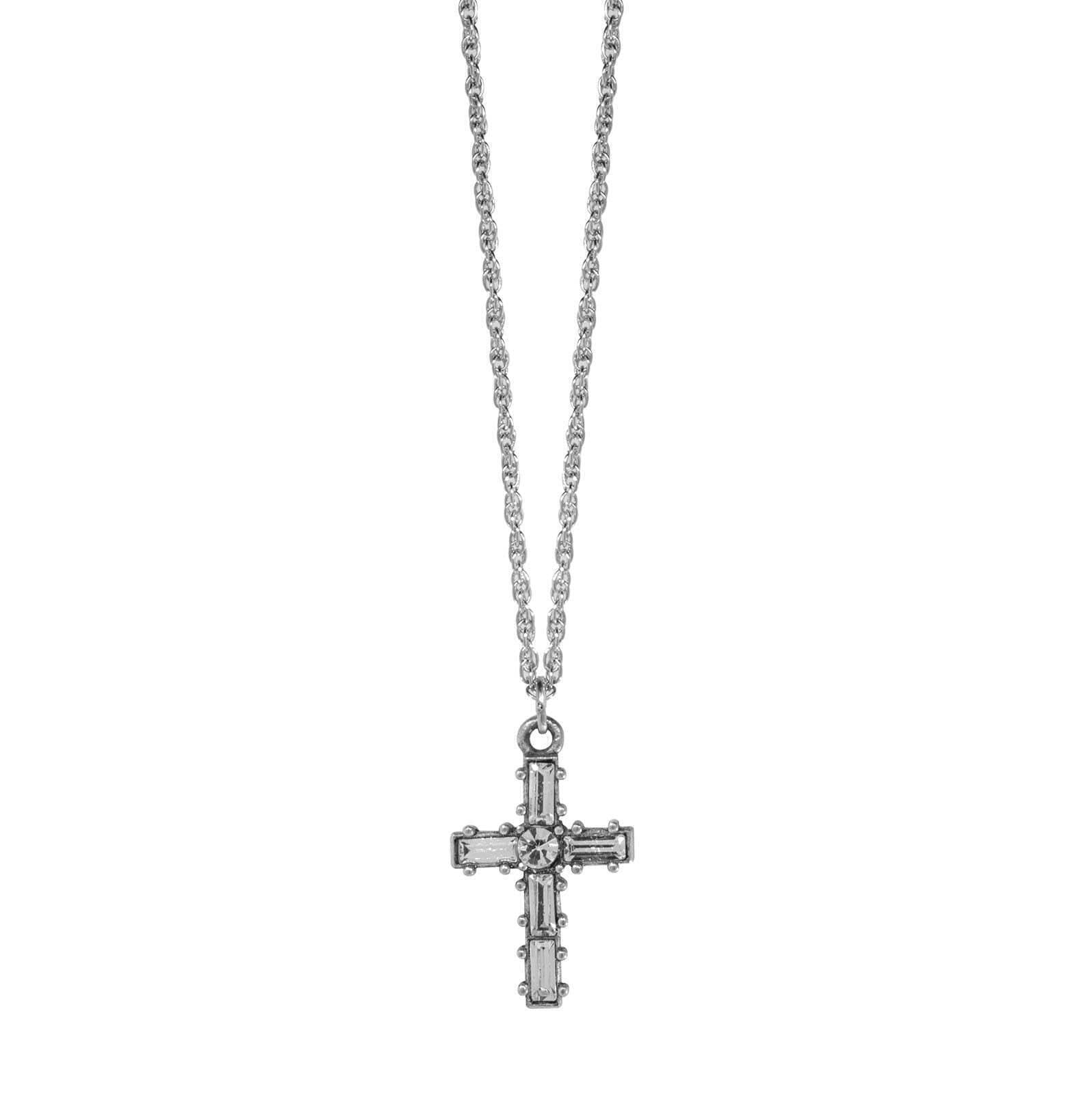 Symbols Of Faith Pewter Crystal Small Cross Pendant Necklace 16" + 3" Extender