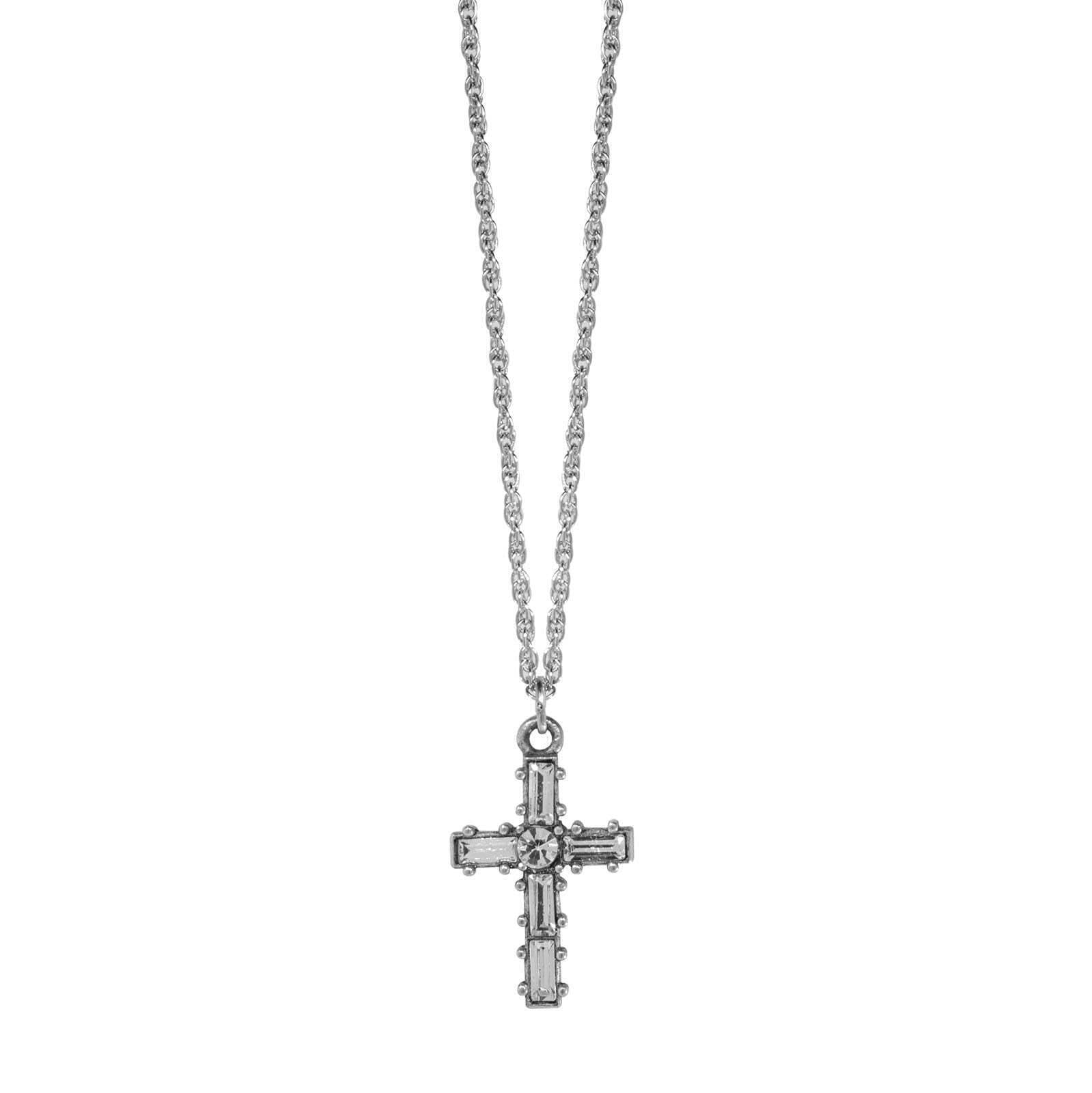 Symbols Of Faith Pewter Crystal Small Cross Pendant Necklace 16" + 3" Extender