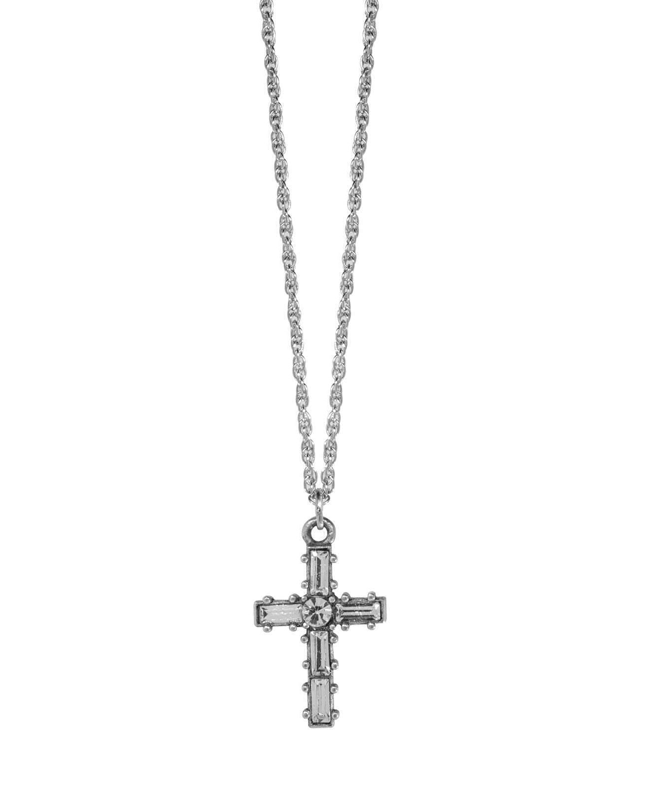 Symbols Of Faith Pewter Crystal Small Cross Pendant Necklace 16" + 3" Extender