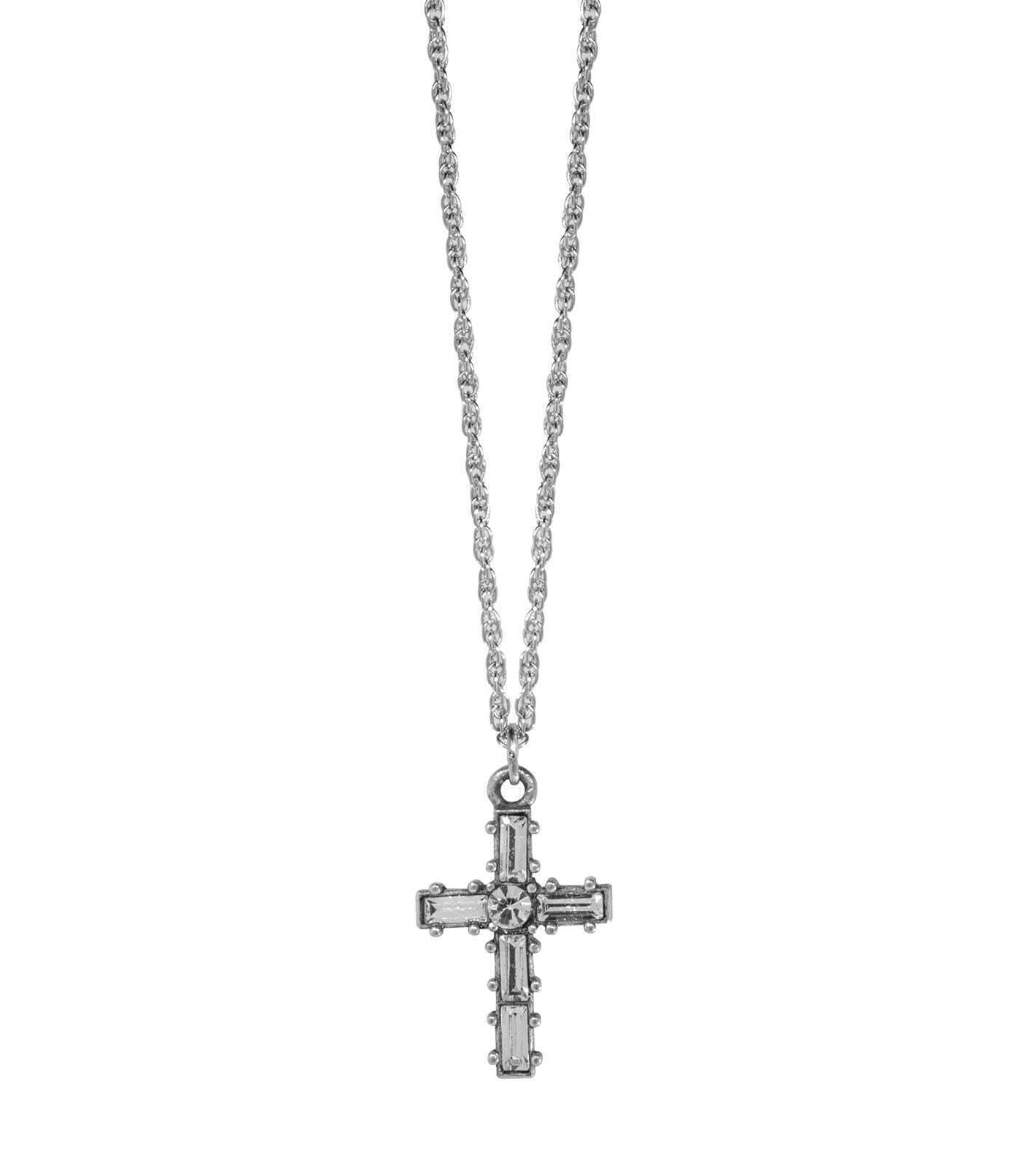 Symbols Of Faith Pewter Crystal Small Cross Pendant Necklace 16" + 3" Extender