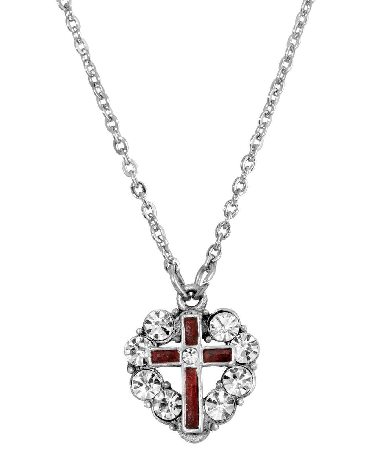 Symbols Of Faith Pewter Blue Enamel Cross Crystal Heart Pendant Necklace 16" + 3" Extender