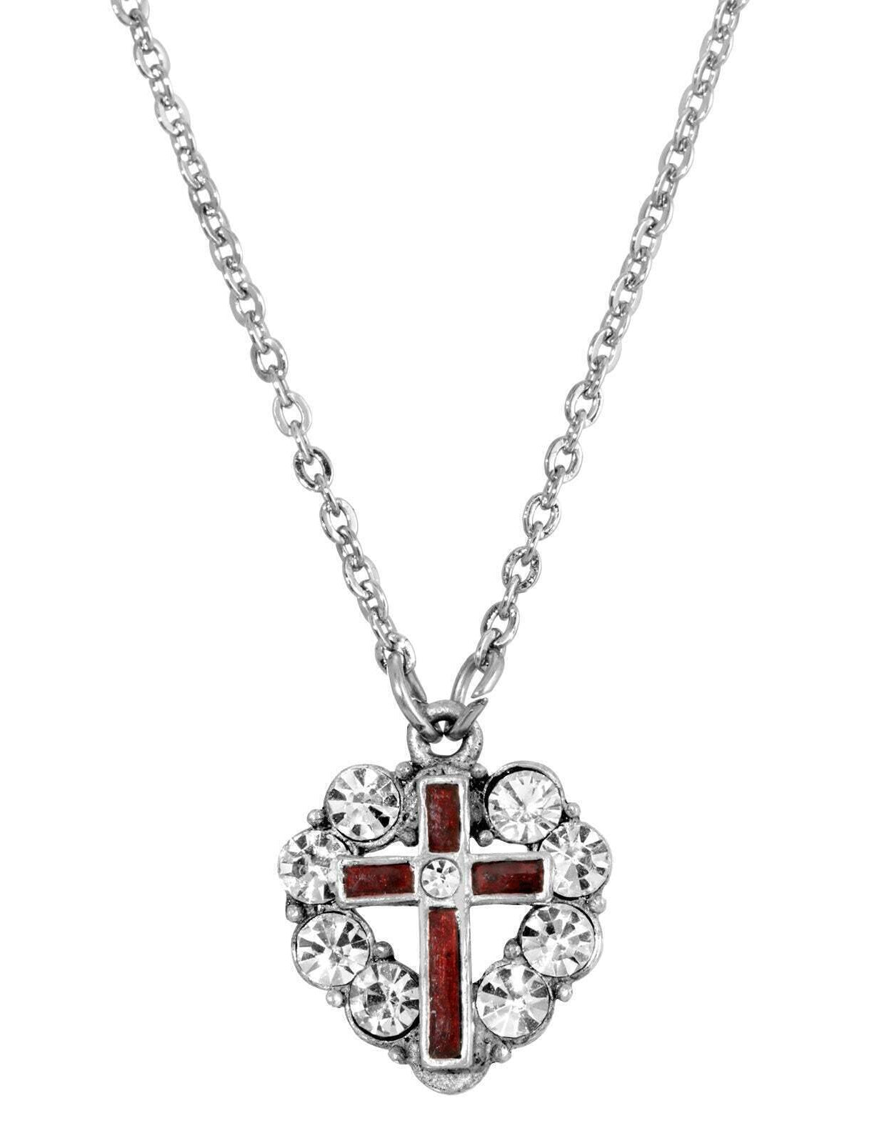 Symbols Of Faith Pewter Blue Enamel Cross Crystal Heart Pendant Necklace 16" + 3" Extender