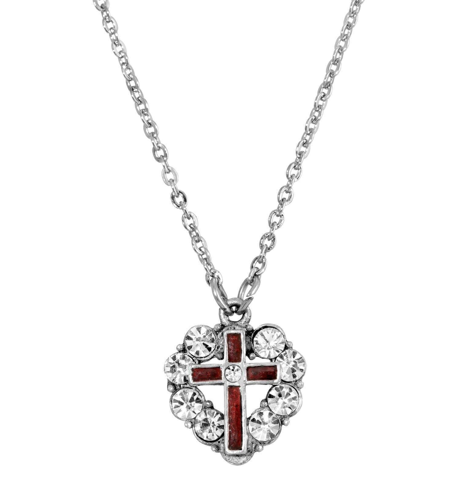 Symbols Of Faith Pewter Blue Enamel Cross Crystal Heart Pendant Necklace 16" + 3" Extender