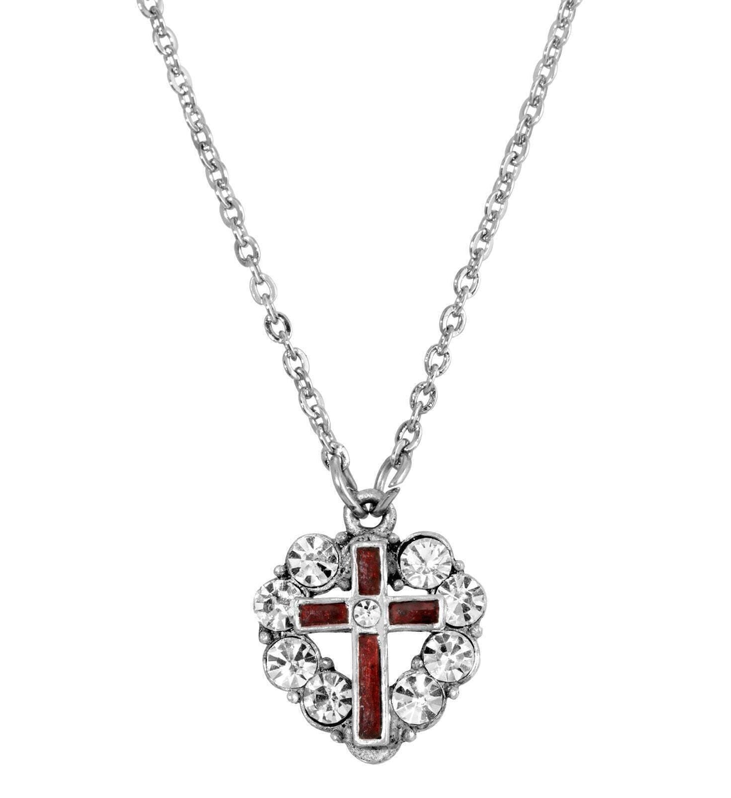Symbols Of Faith Pewter Blue Enamel Cross Crystal Heart Pendant Necklace 16" + 3" Extender
