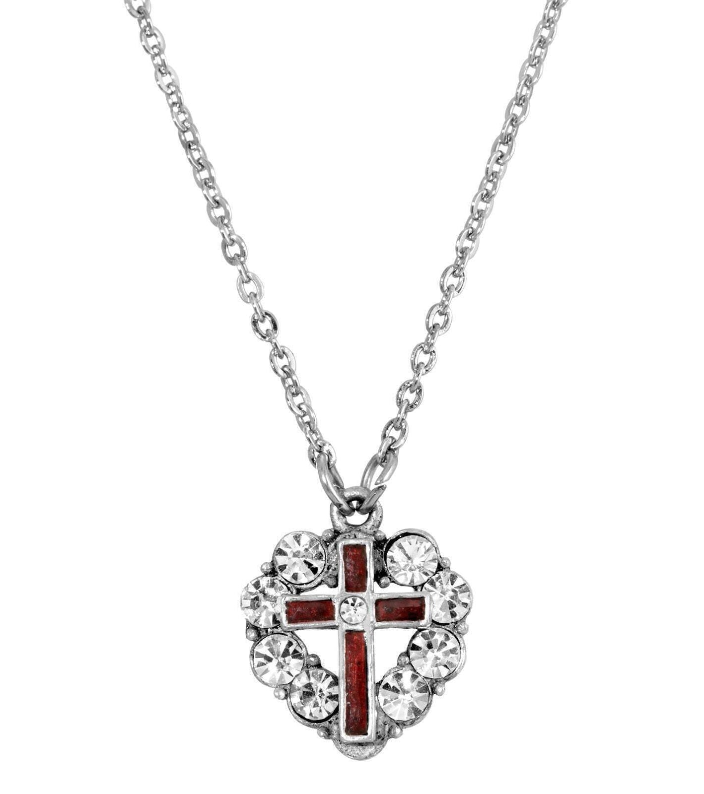 Symbols Of Faith Pewter Blue Enamel Cross Crystal Heart Pendant Necklace 16" + 3" Extender
