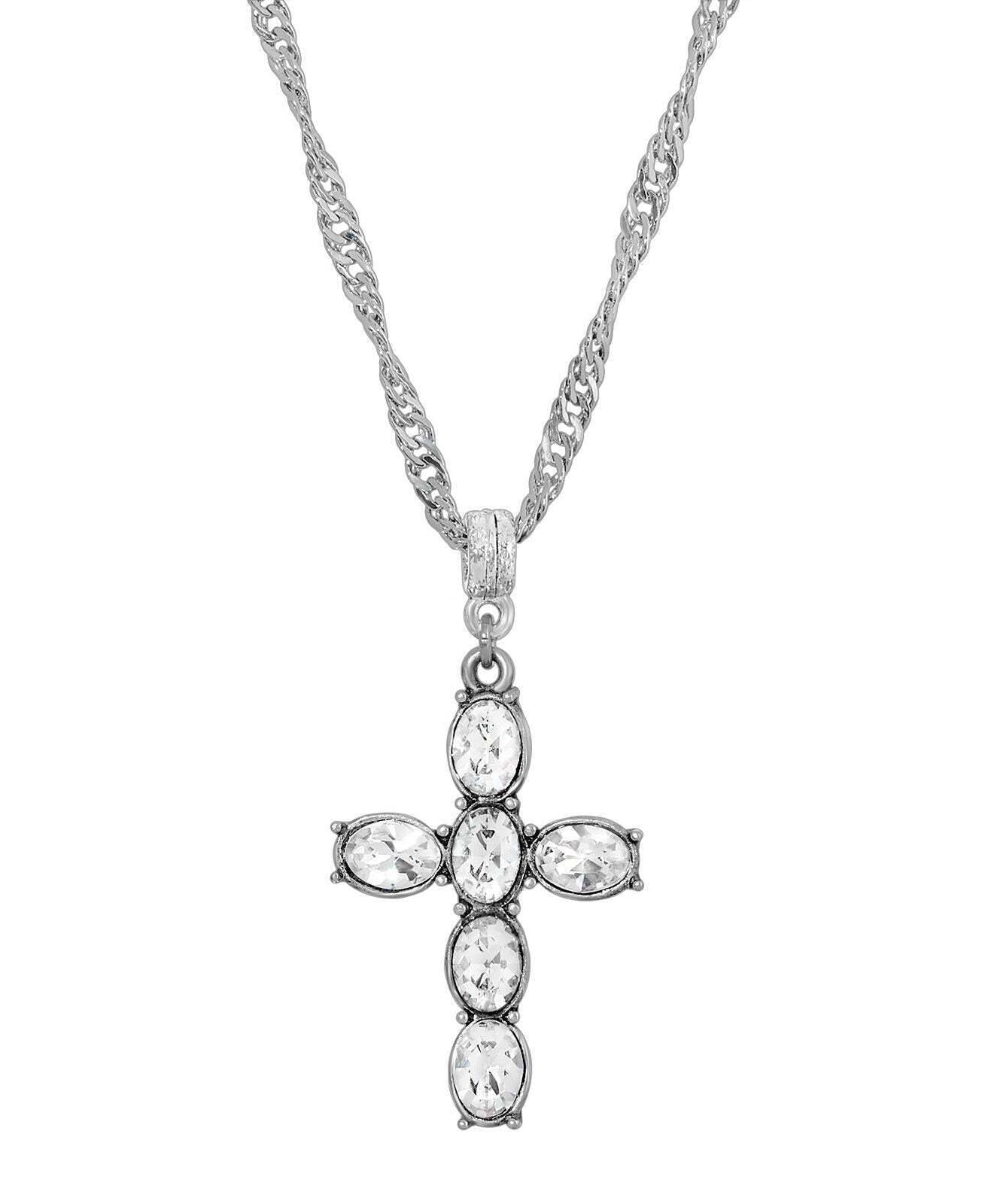 Symbols Of Faith Pewter Crystal Cross Twisted Pendant Necklace 20"