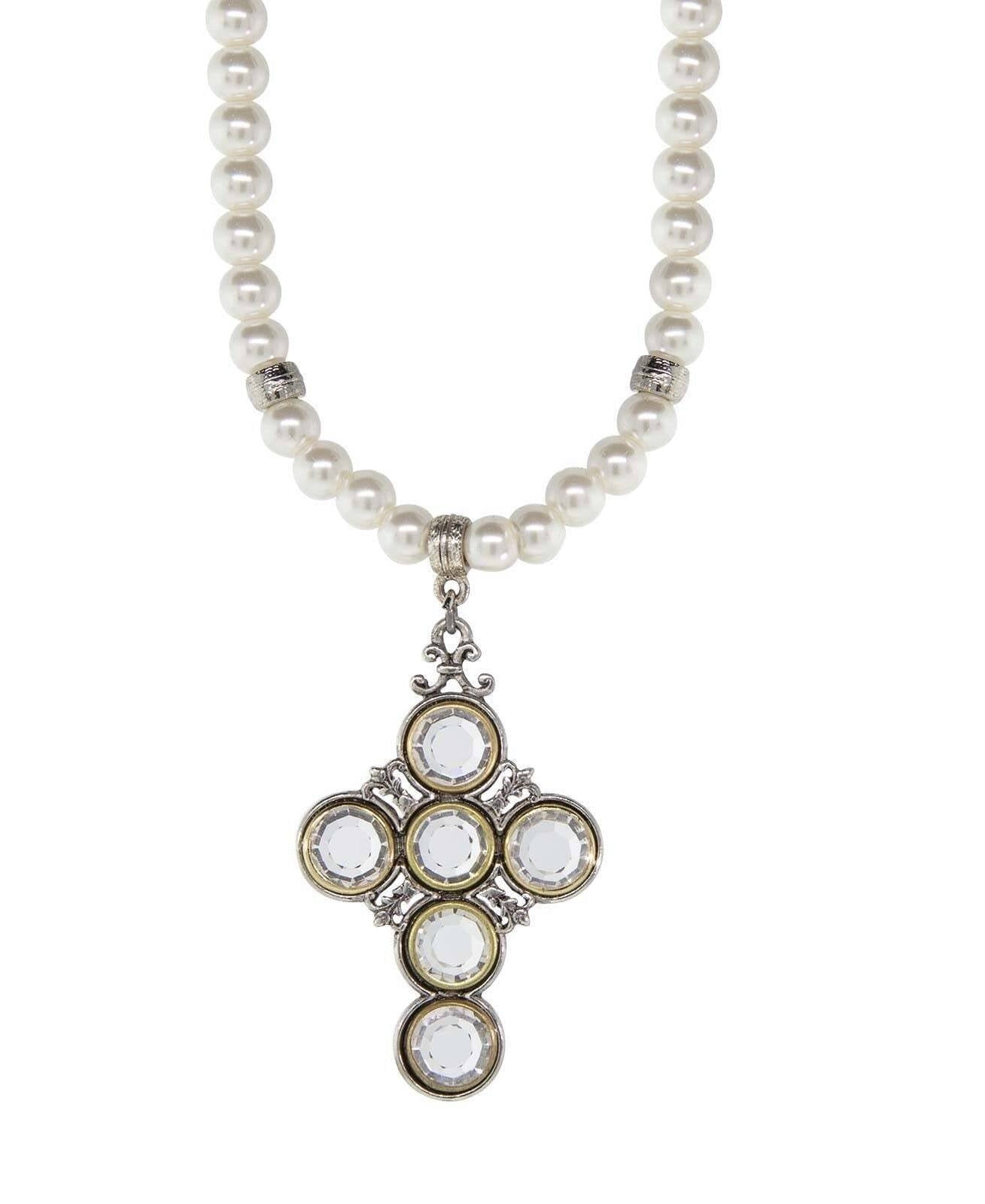 Symbols Of Faith Pewter Crystal Cross 6mm Faux Pearl Strand Pendant Necklace 15" + 3" Extender