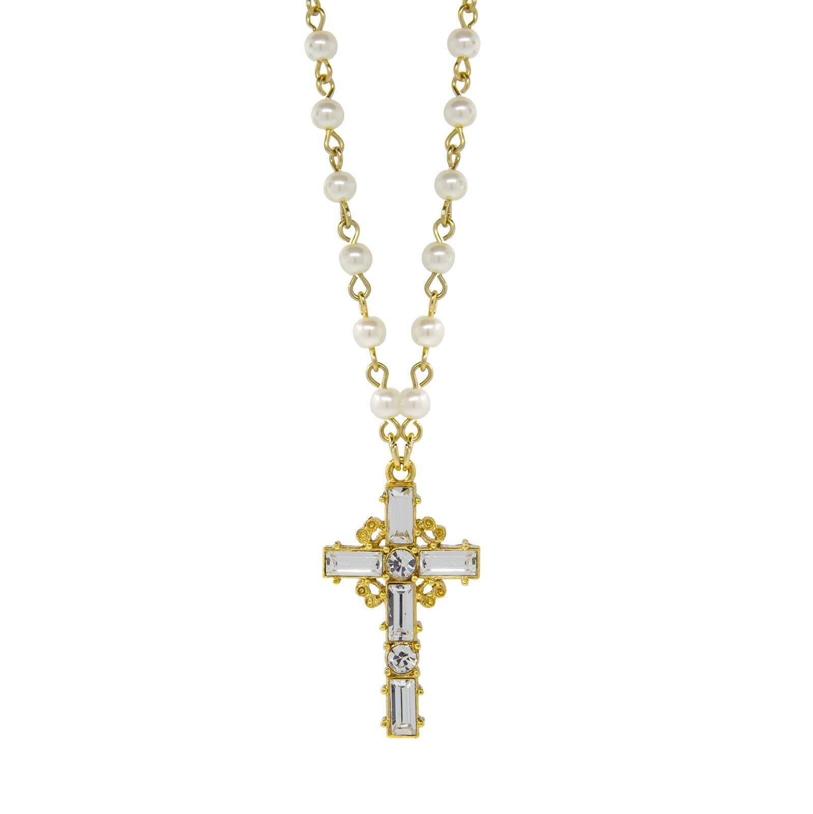 Symbols Of Faith Crystal Cross 4mm Faux Pearl Pendant Necklace 20"