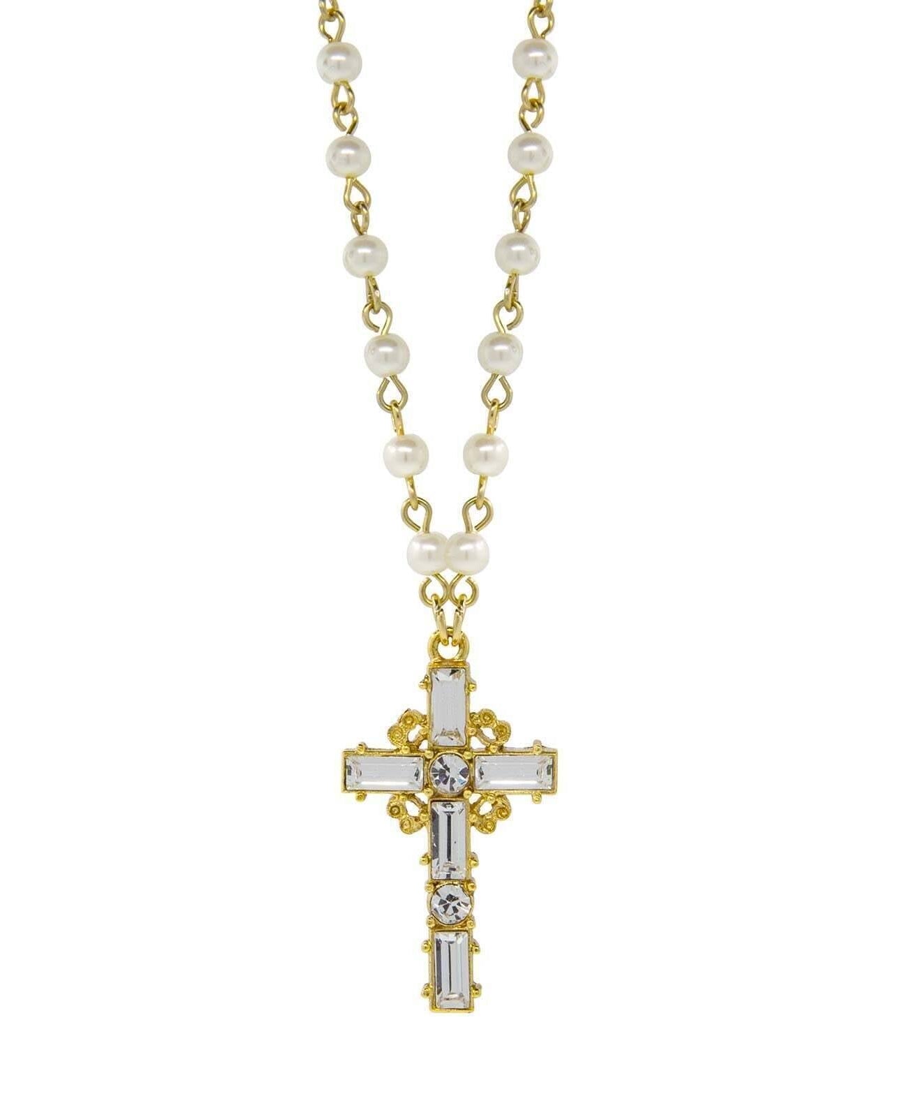 Symbols Of Faith Crystal Cross 4mm Faux Pearl Pendant Necklace 20"