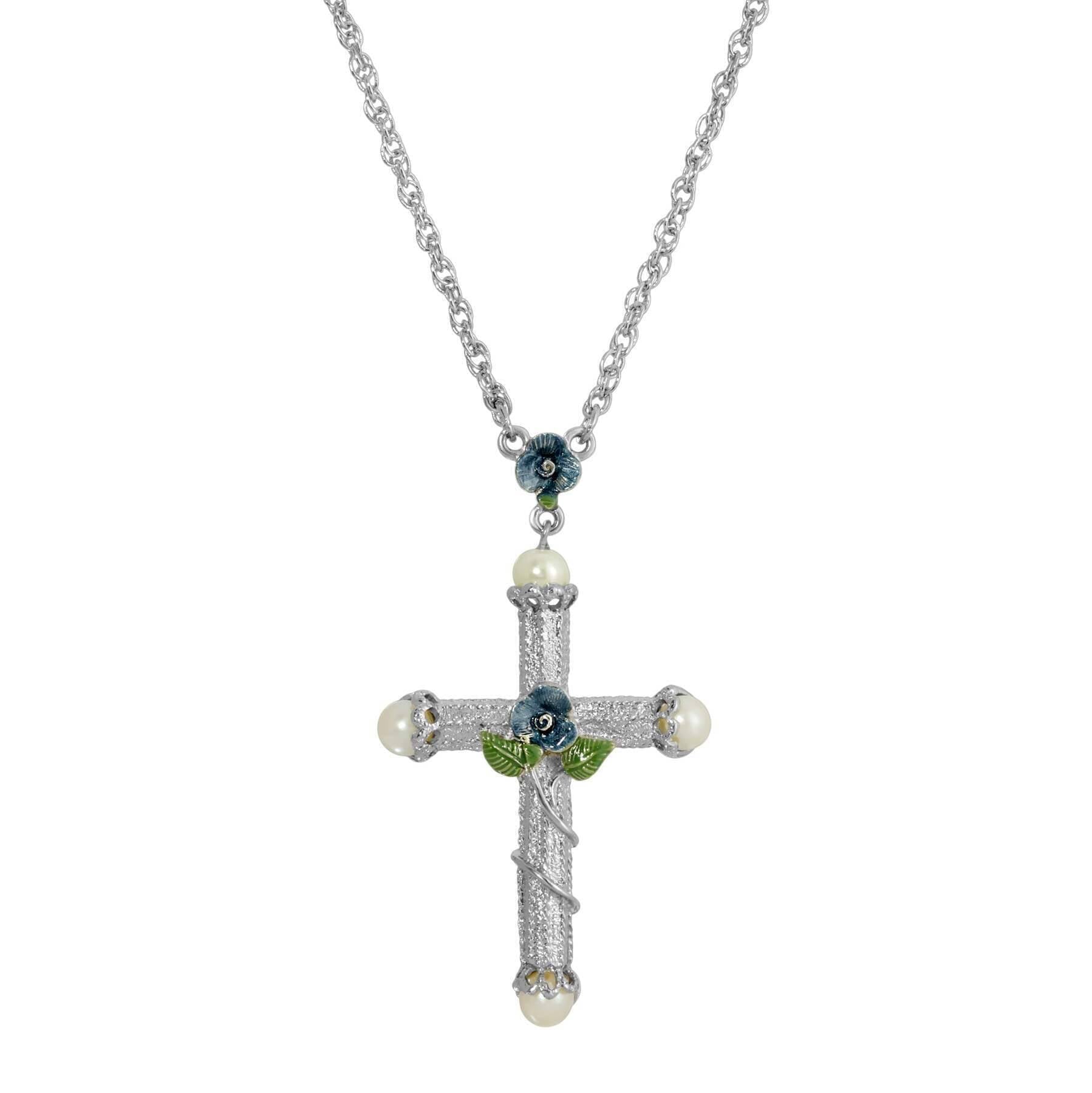 Symbols Of Faith Blue Rose Enamel Cross Faux Pearl Pendant Necklace 30"