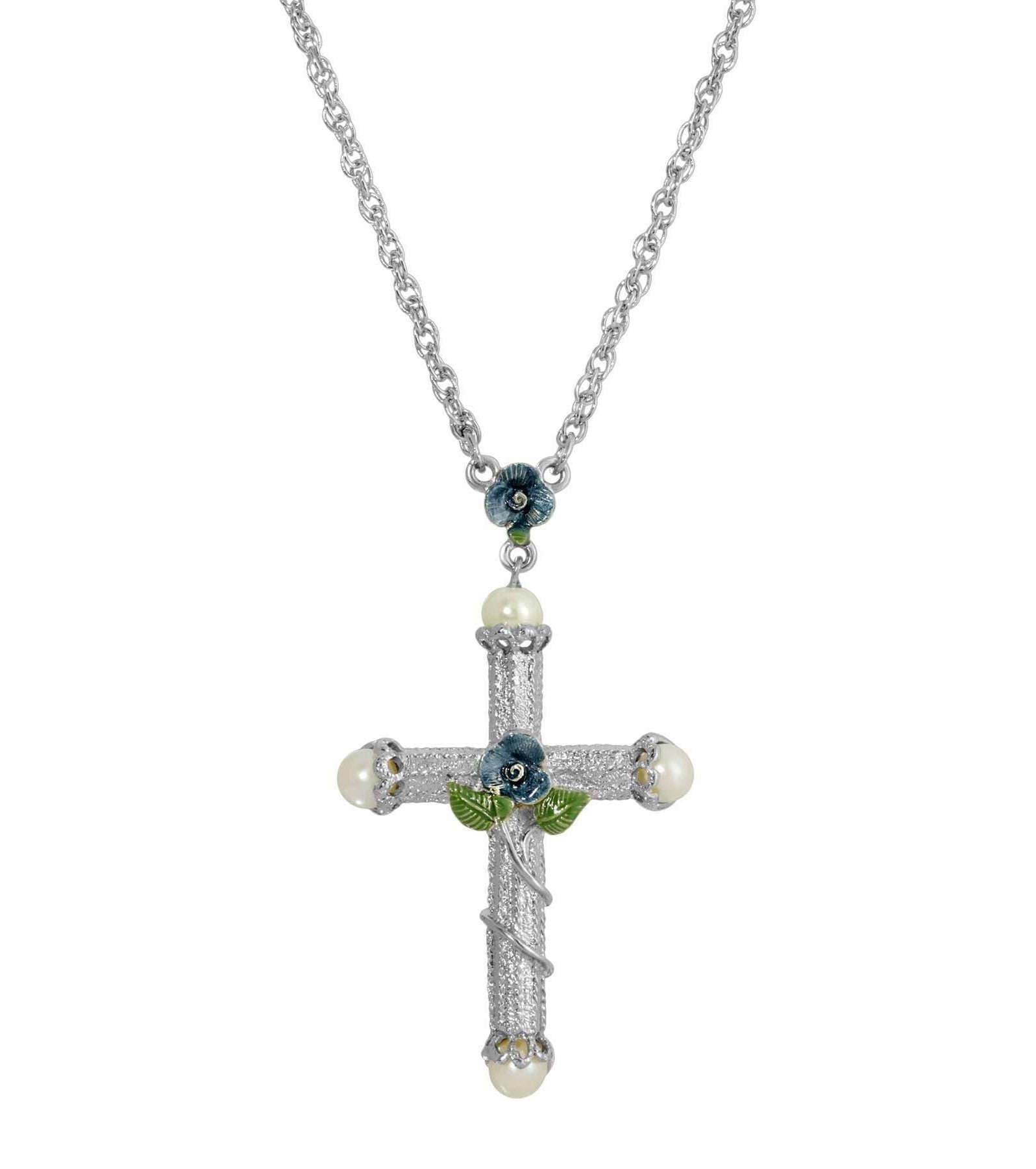Symbols Of Faith Blue Rose Enamel Cross Faux Pearl Pendant Necklace 30"