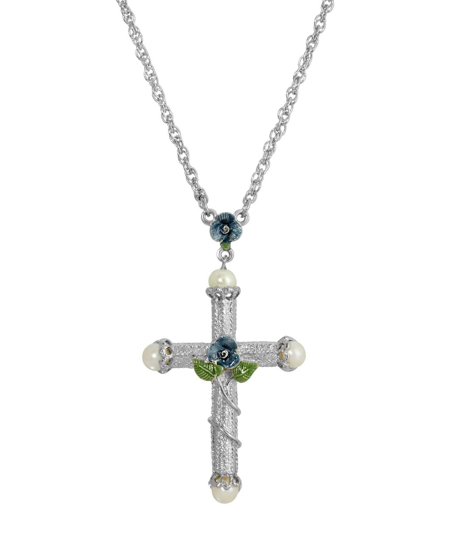 Symbols Of Faith Blue Rose Enamel Cross Faux Pearl Pendant Necklace 30"