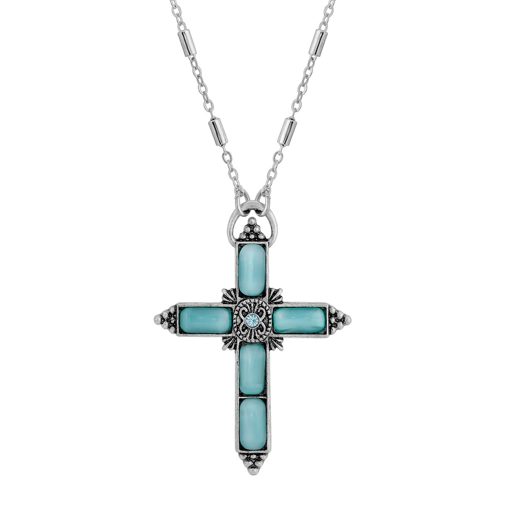 Moonstone & Crystal Cross Necklace 20 Inches Light Blue