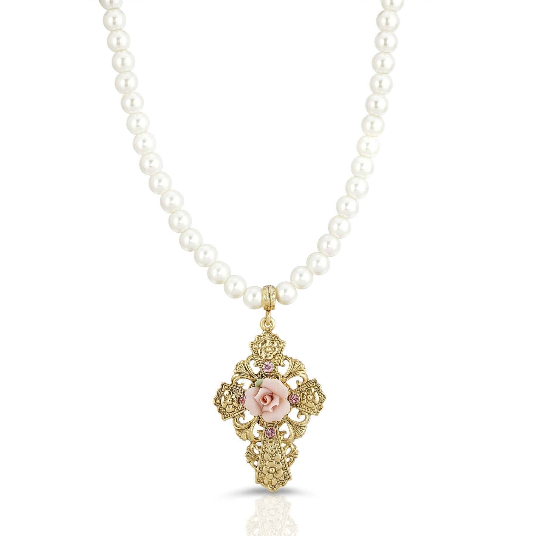Symbols Of Faith 6mm Faux Pearl Strand Pink Porcelain Rose Flower Pendant Crystal Necklace 15" + 3" Extender