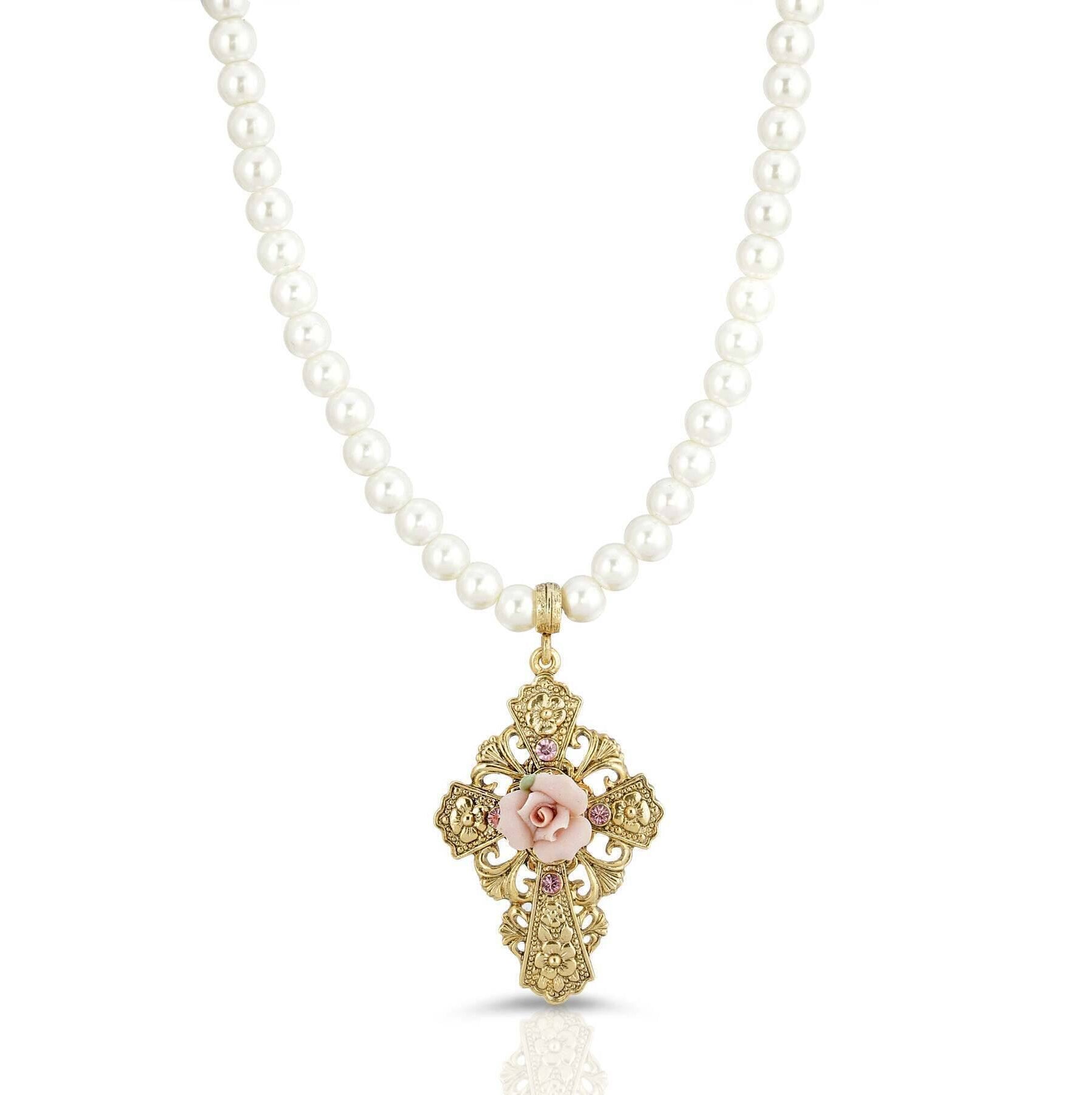 Symbols Of Faith 6mm Faux Pearl Strand Pink Porcelain Rose Flower Pendant Crystal Necklace 15" + 3" Extender