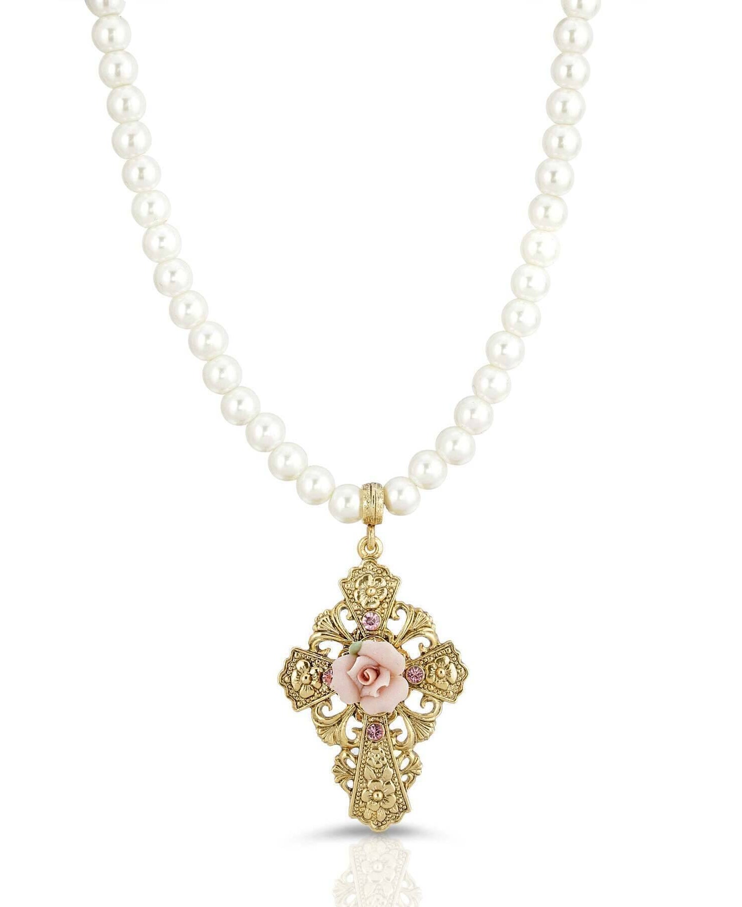 Symbols Of Faith 6mm Faux Pearl Strand Pink Porcelain Rose Flower Pendant Crystal Necklace 15" + 3" Extender