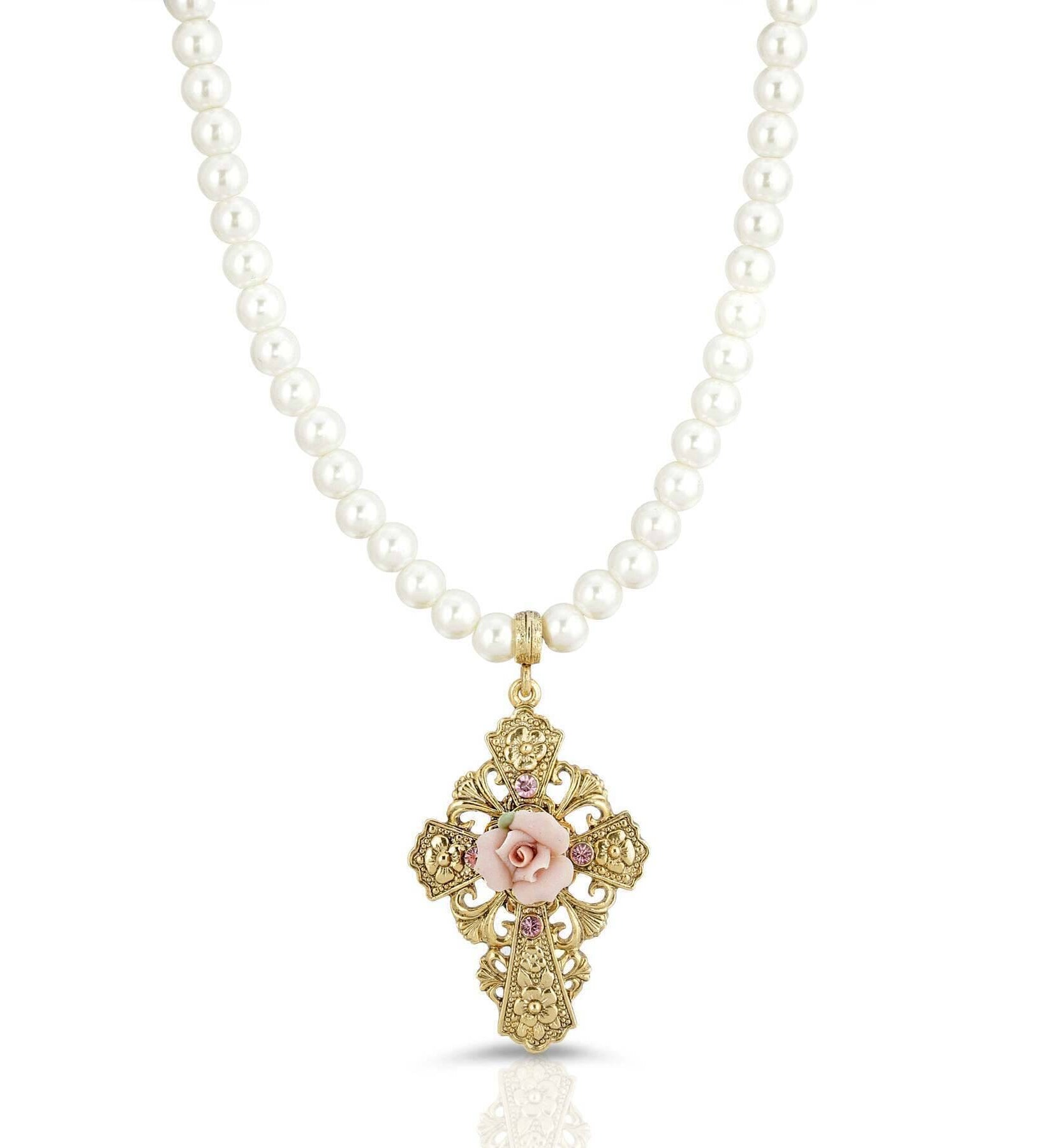 Symbols Of Faith 6mm Faux Pearl Strand Pink Porcelain Rose Flower Pendant Crystal Necklace 15" + 3" Extender