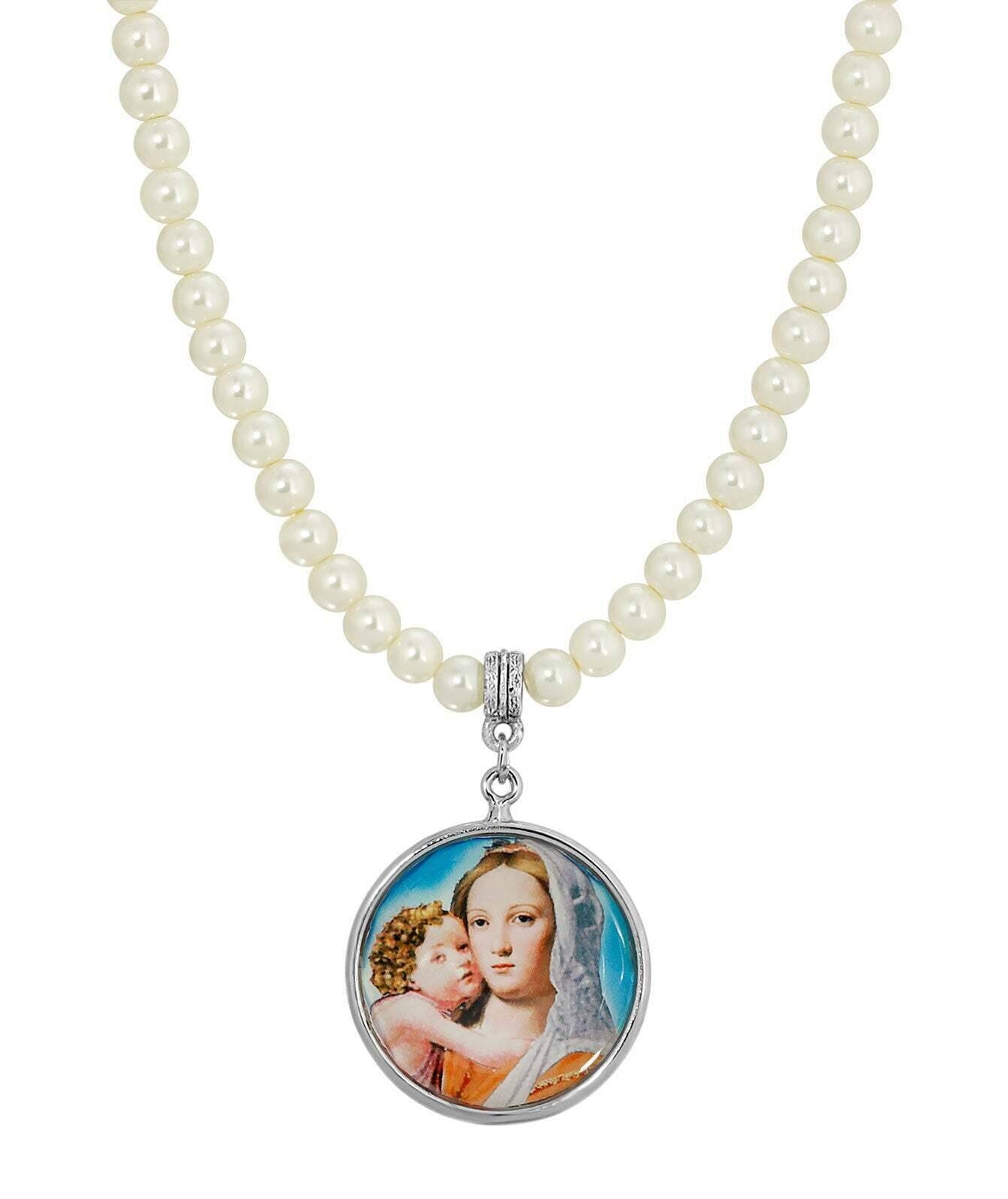 Symbols Of Faith 5mm Faux Pearl Strand Round Mary and Child Pendant Necklace 15" + 3" Extender