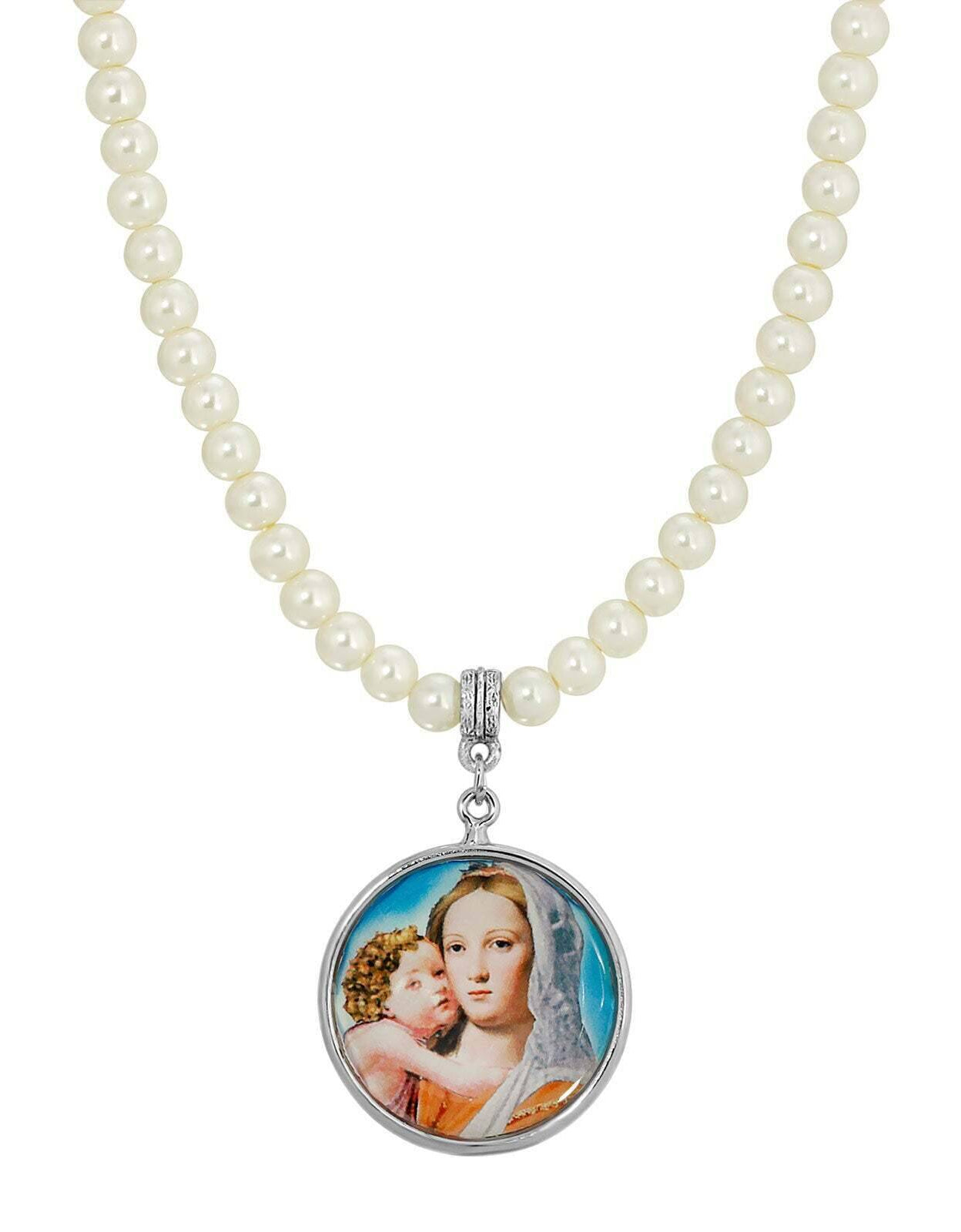 Symbols Of Faith 5mm Faux Pearl Strand Round Mary and Child Pendant Necklace 15" + 3" Extender