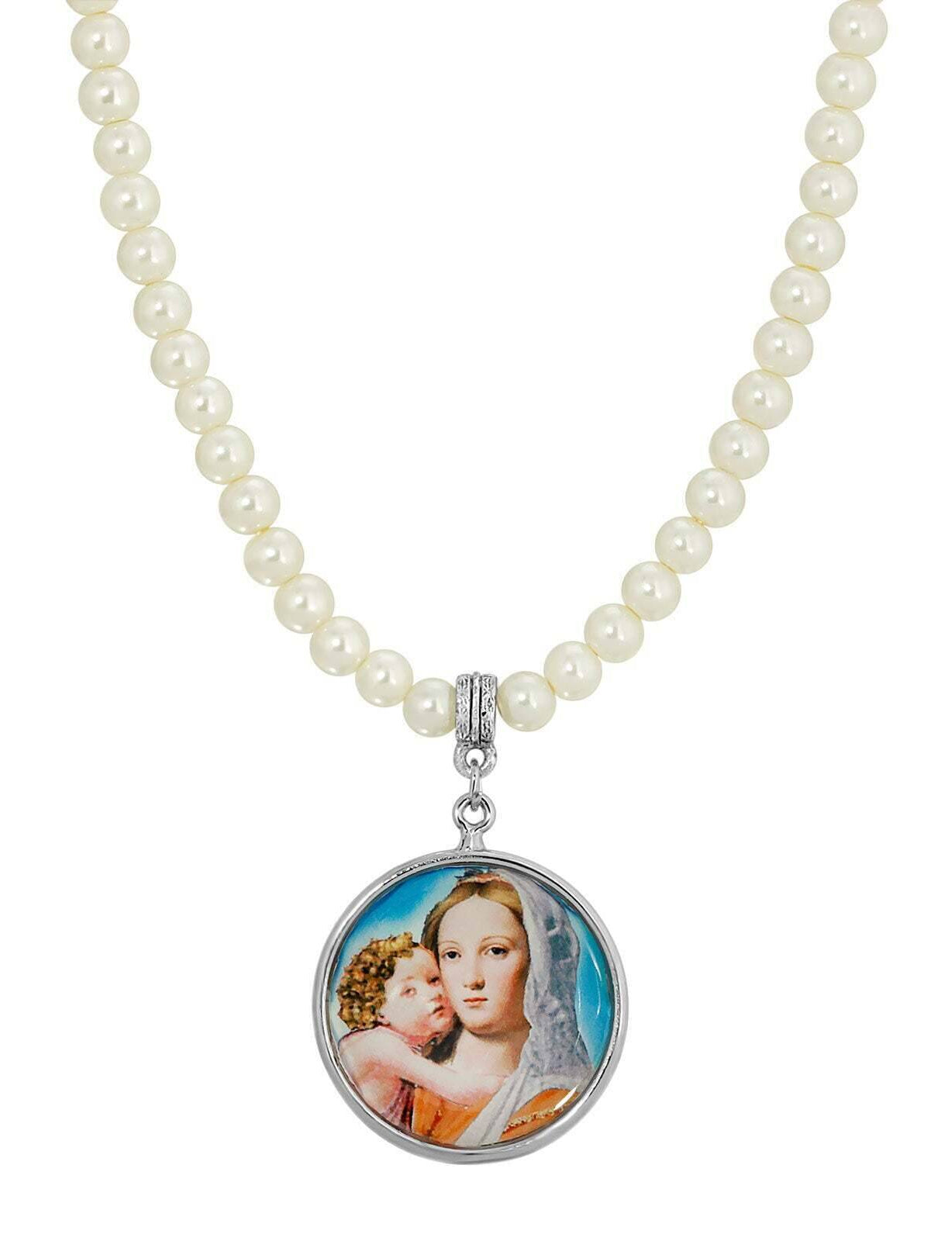 Symbols Of Faith 5mm Faux Pearl Strand Round Mary and Child Pendant Necklace 15" + 3" Extender