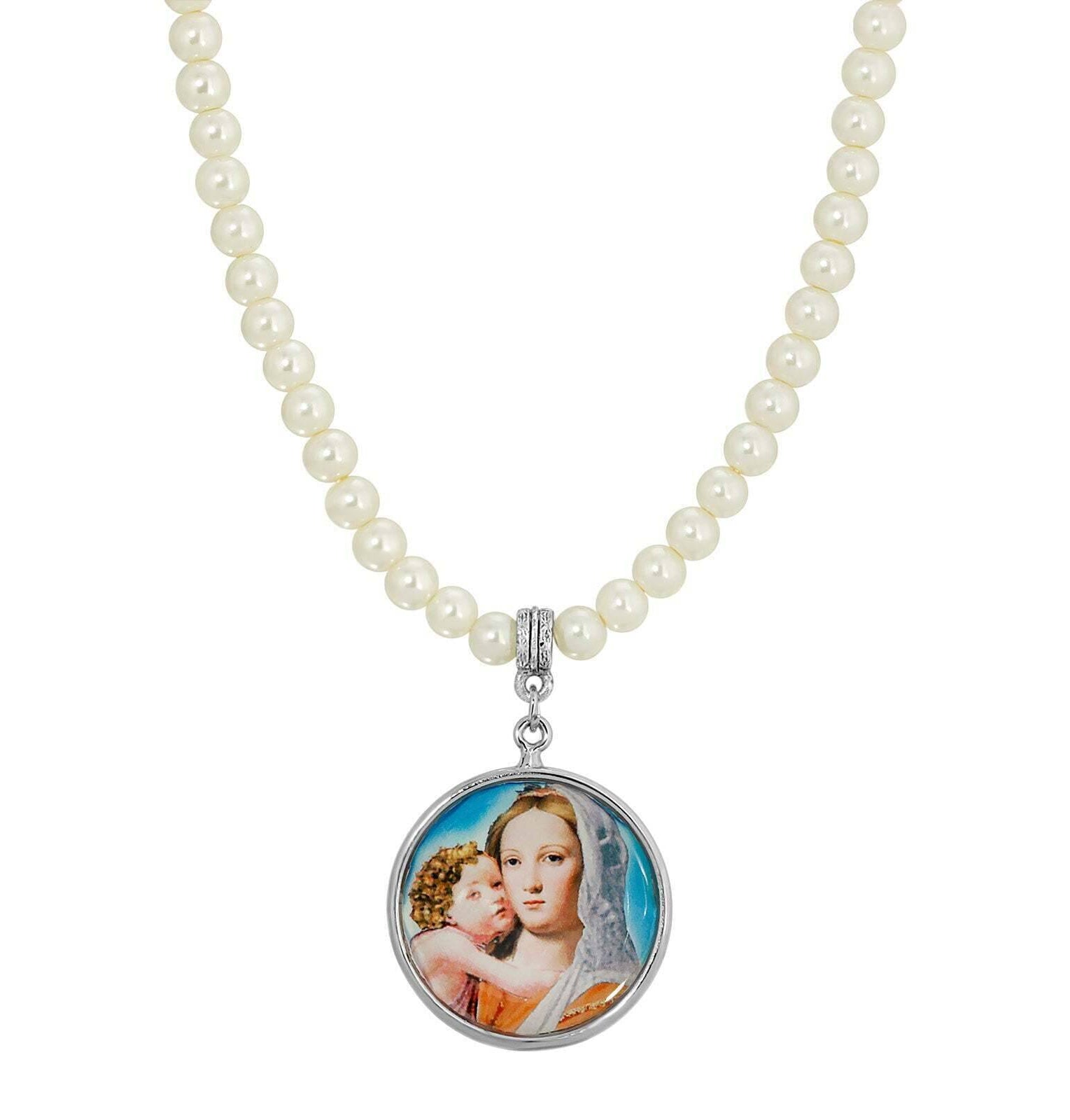 Symbols Of Faith 5mm Faux Pearl Strand Round Mary and Child Pendant Necklace 15" + 3" Extender