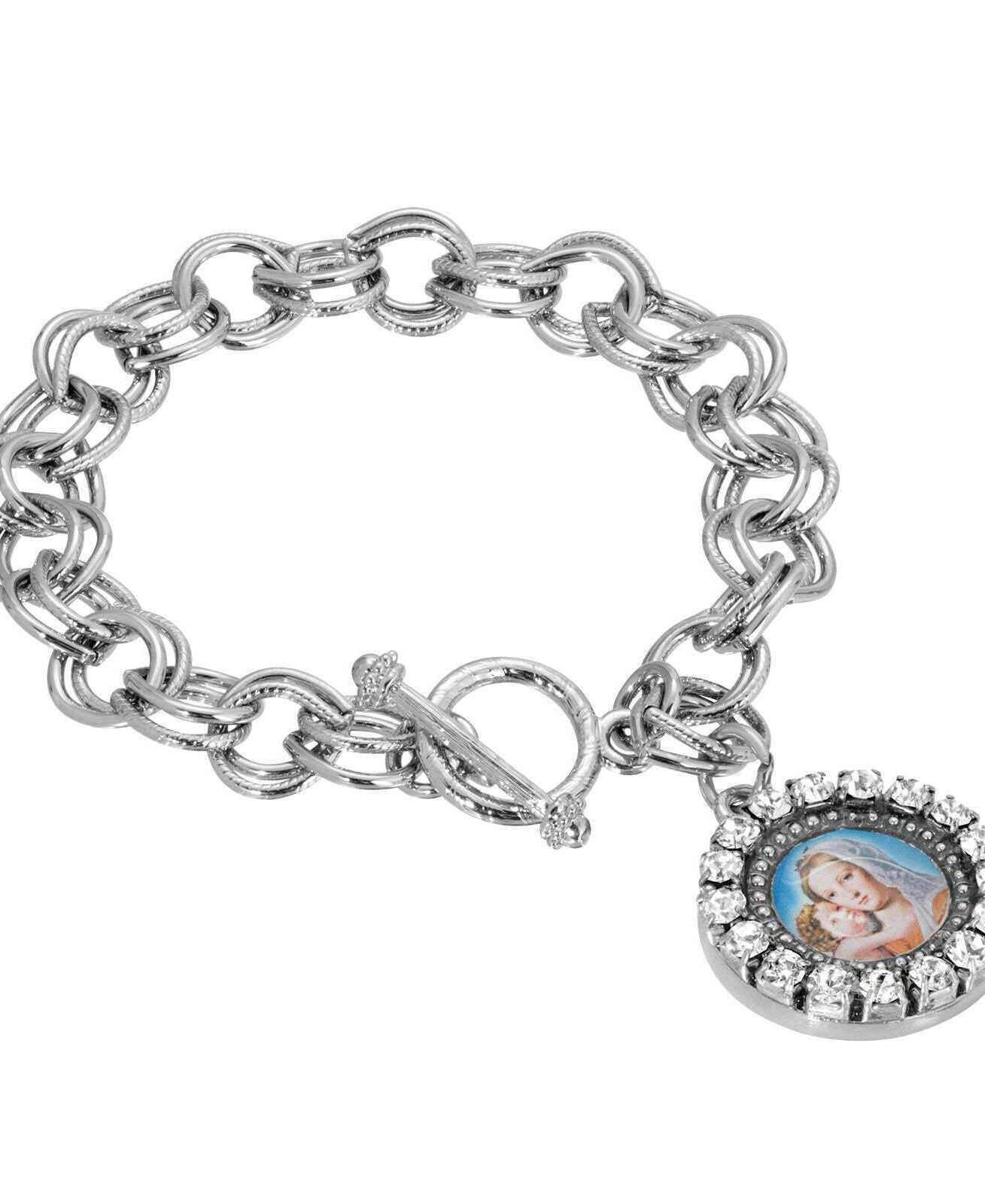 Symbols Of Faith Round Crystal Mary and Child Charm Toggle Bracelet