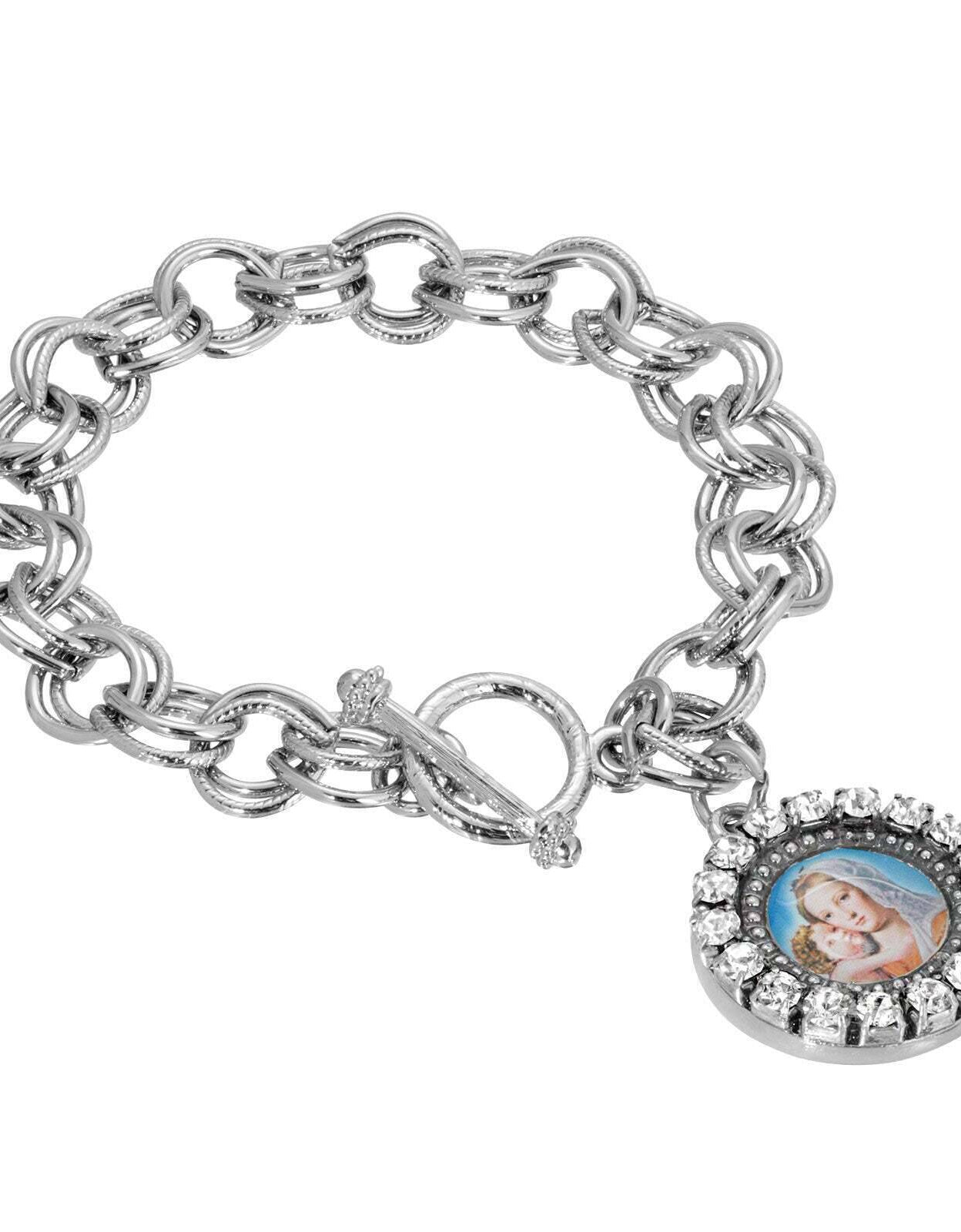 Symbols Of Faith Round Crystal Mary and Child Charm Toggle Bracelet