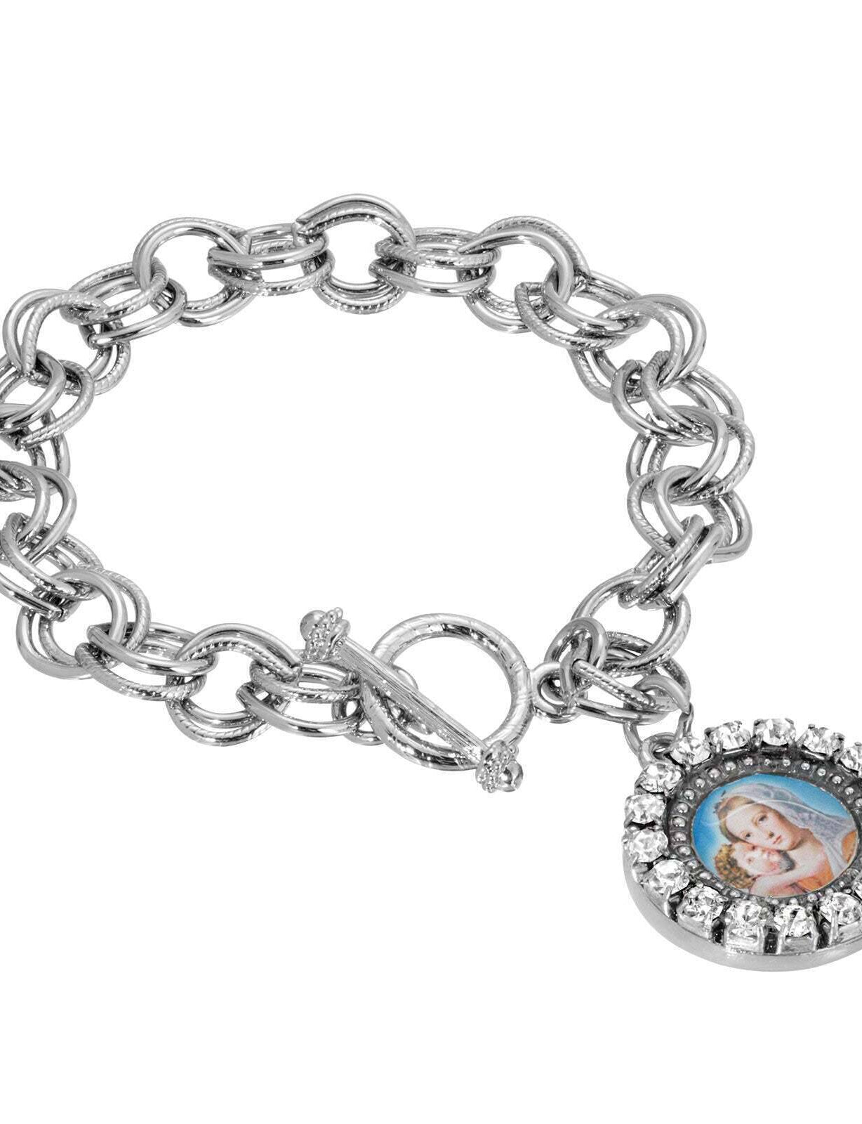 Symbols Of Faith Round Crystal Mary and Child Charm Toggle Bracelet
