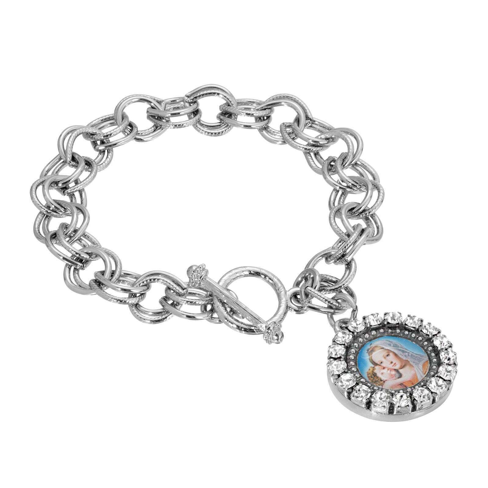 Symbols Of Faith Round Crystal Mary and Child Charm Toggle Bracelet