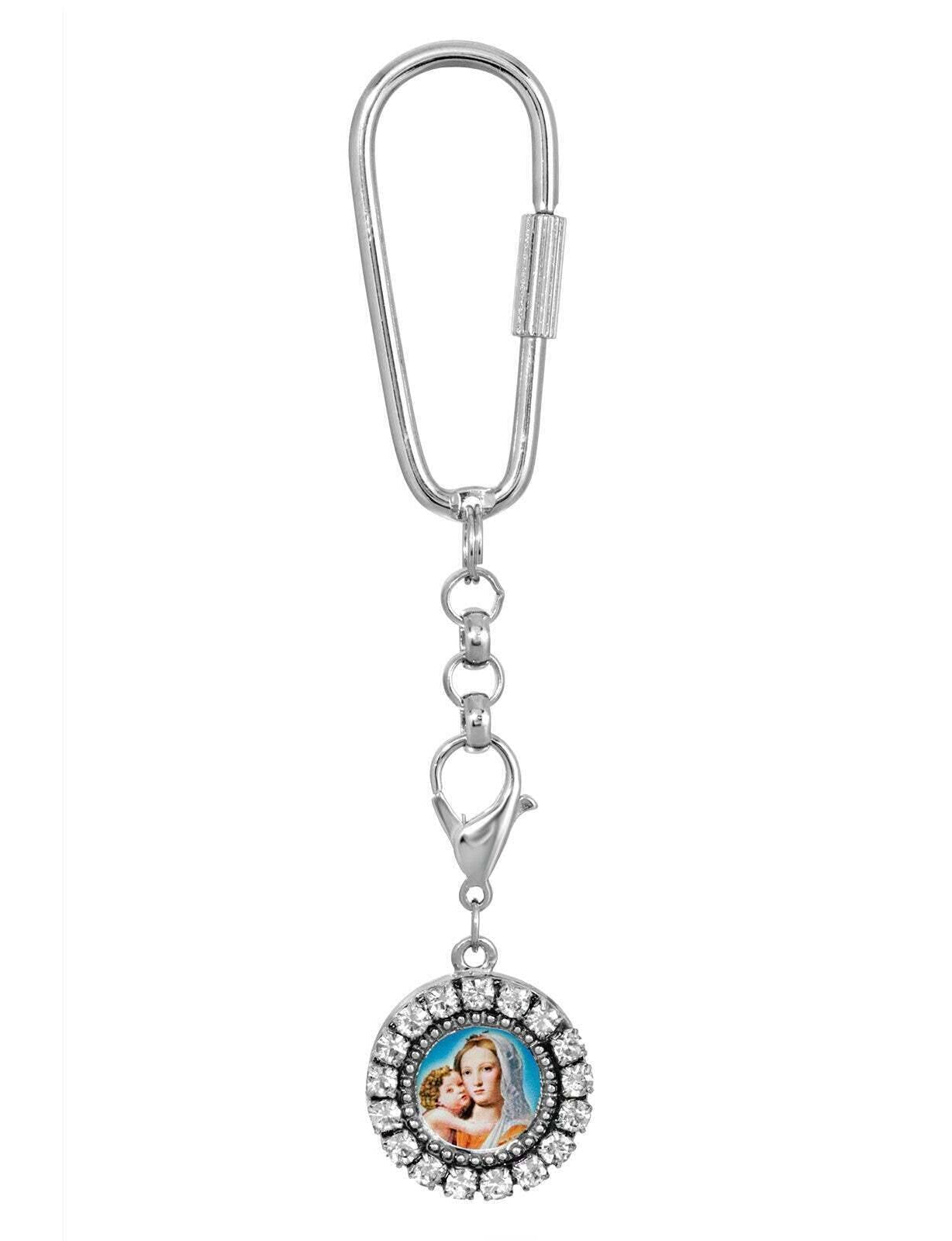 Symbols Of Faith Round Crystal Mary and Child Charm Carabiner Key Chain