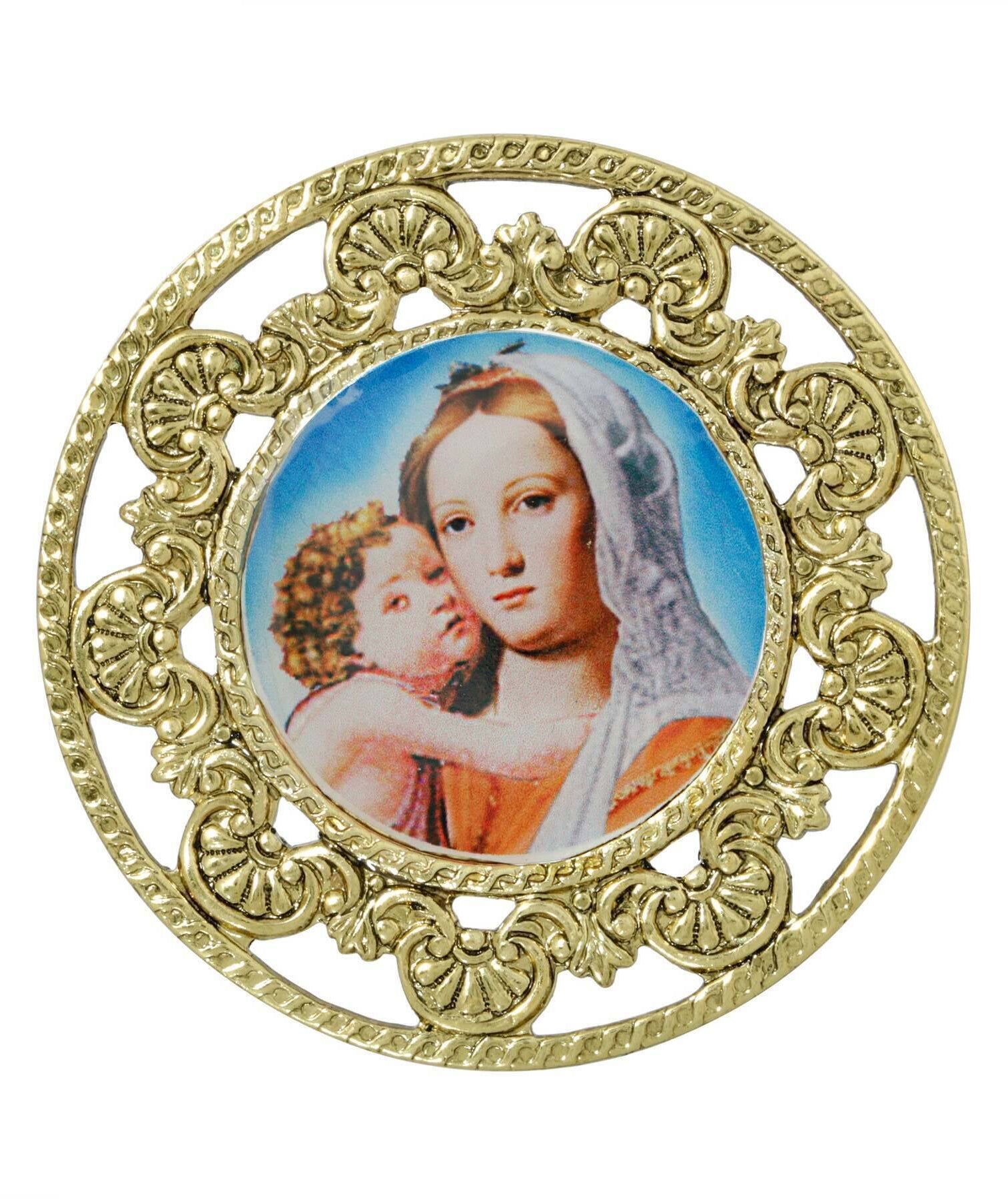 Symbols Of Faith Round Filigree Mary and Child Pin