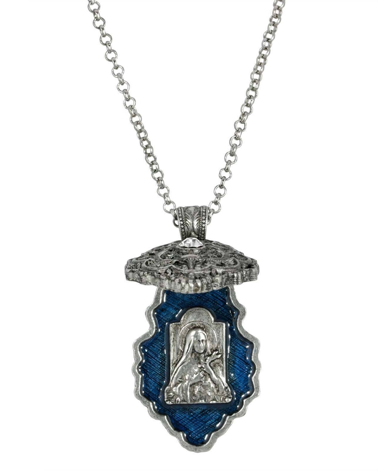 Symbols Of Faith Round Crystal Blue Enamel Saint Therese of Lisieux Reliquary Necklace 28"