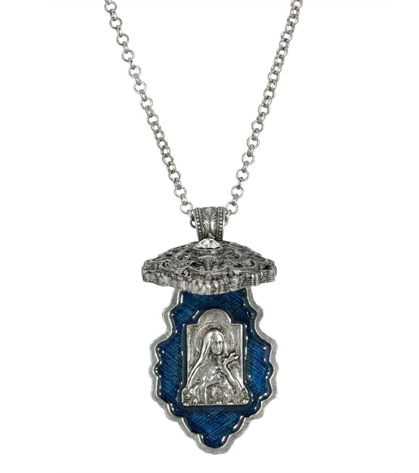 Symbols Of Faith Round Crystal Blue Enamel Saint Therese of Lisieux Reliquary Necklace 28"
