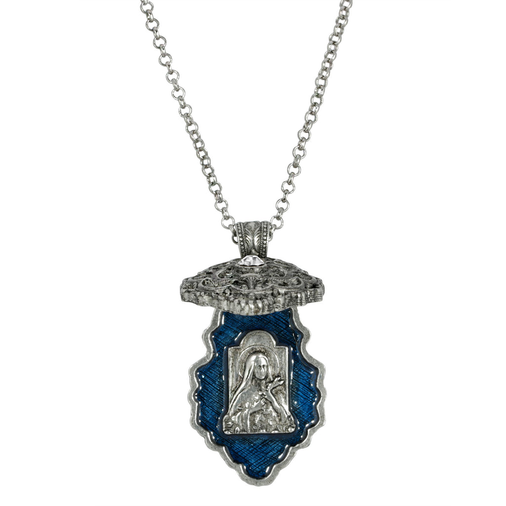 Virgin Mary Antiqued Pewter Crystal Blue Enamel Virgin Mary Locket Pendant 28 Inches