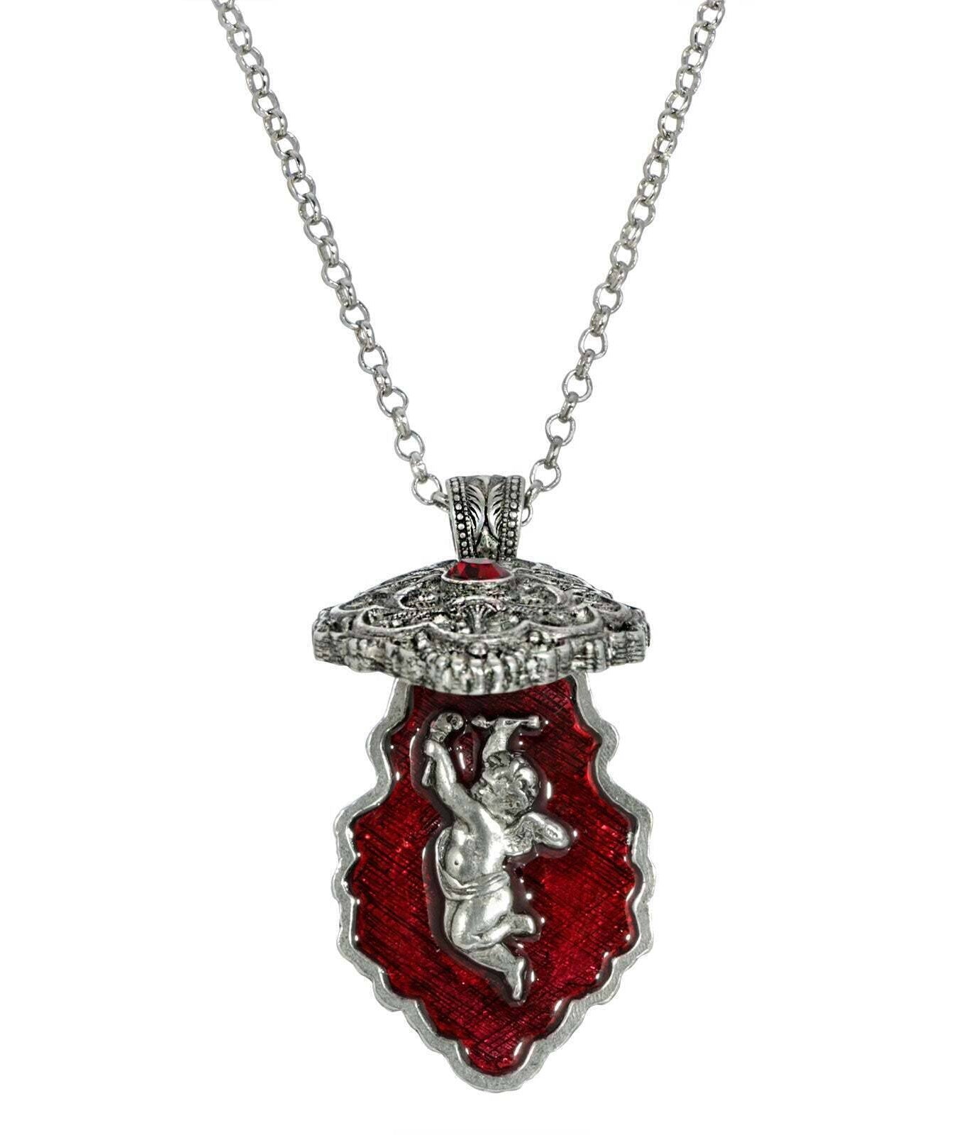 Symbols Of Faith Antiqued Pewter Red Enamel Cherub Reliquary Pendant Necklace 28"