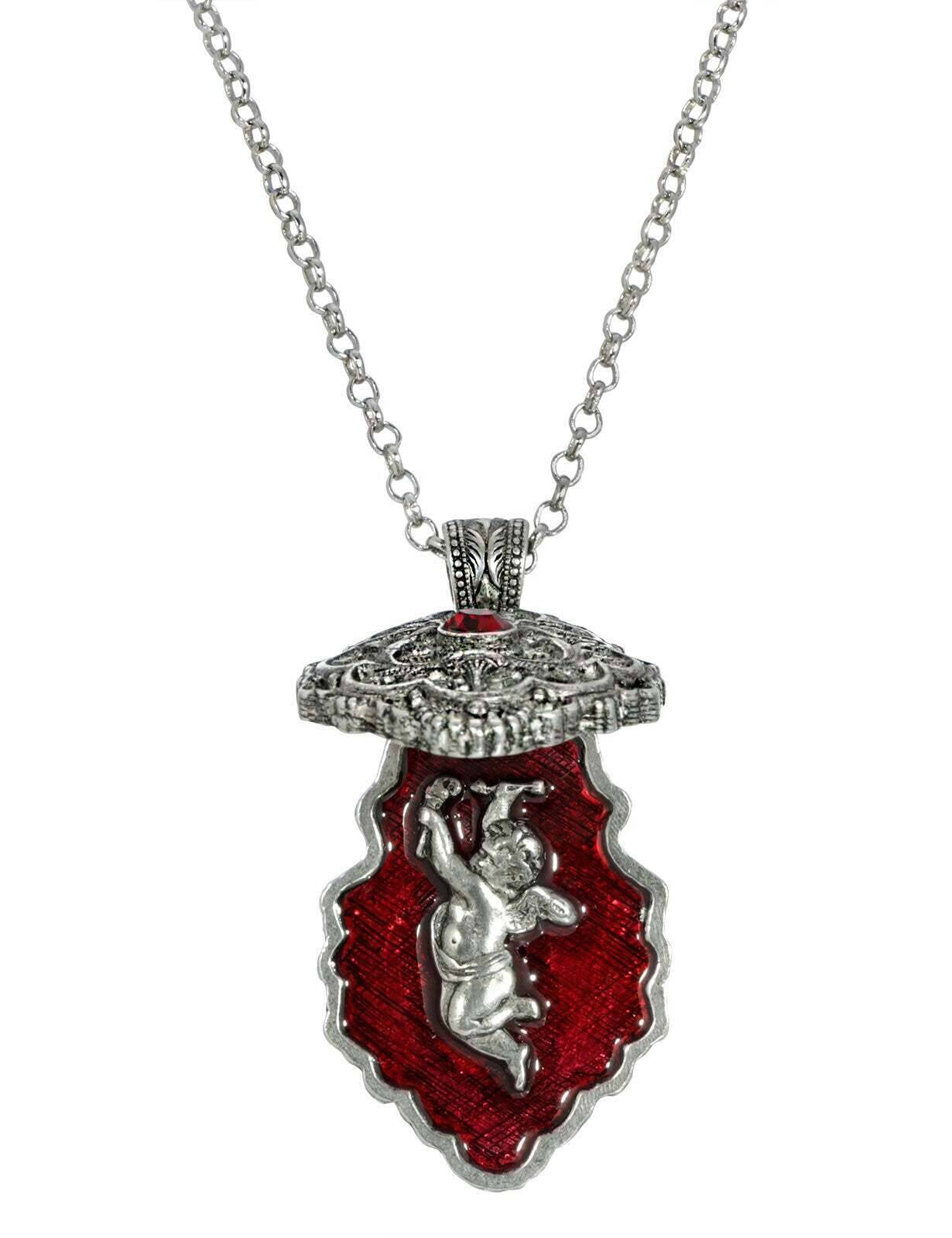Symbols Of Faith Antiqued Pewter Red Enamel Cherub Reliquary Pendant Necklace 28"