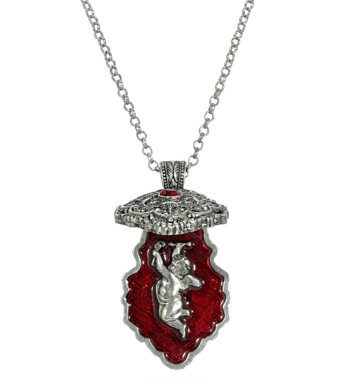 Symbols Of Faith Antiqued Pewter Red Enamel Cherub Reliquary Pendant Necklace 28"
