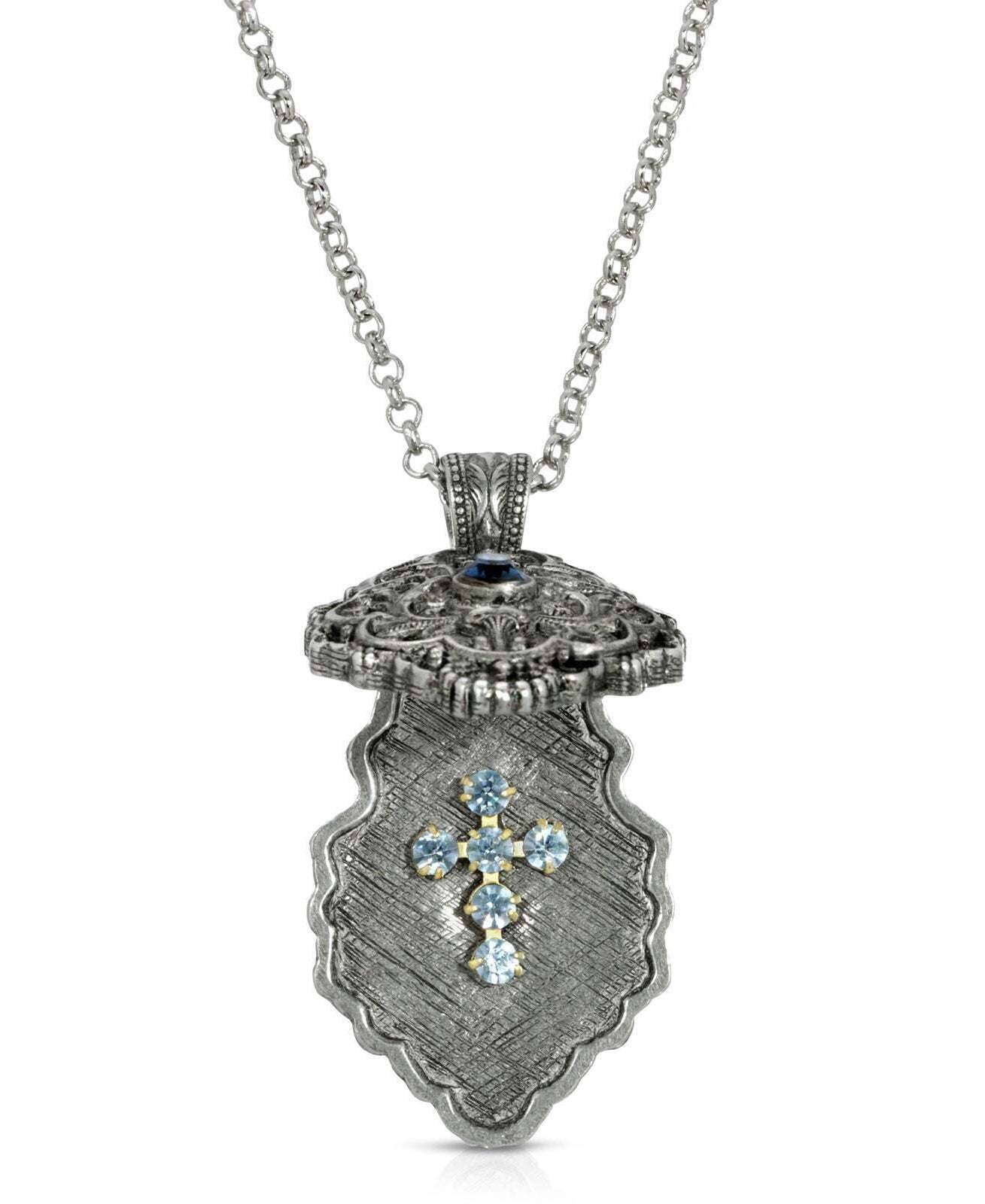 Symbols Of Faith Antiqued Pewter Blue Crystal Cross Locket Necklace 28"
