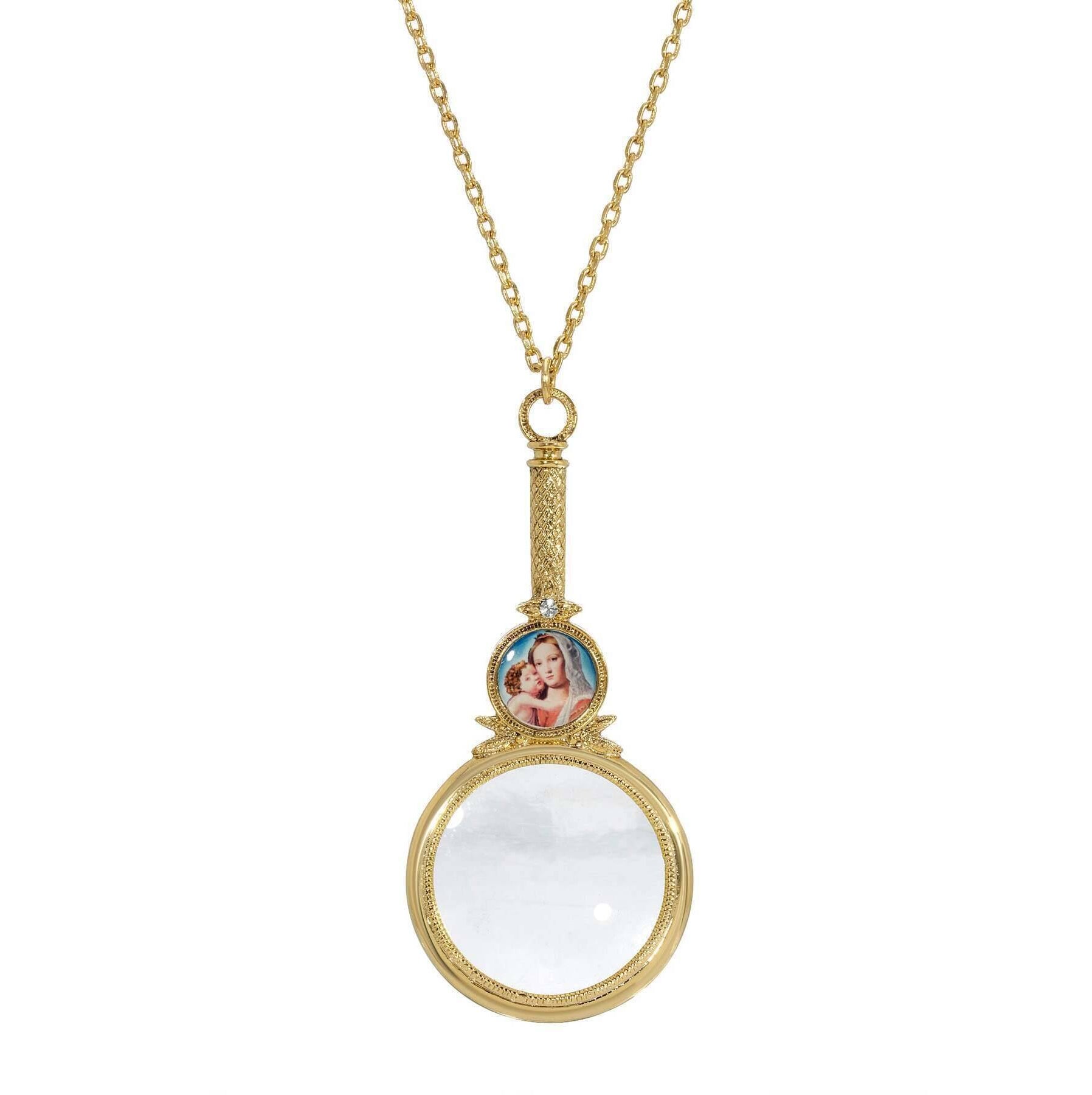 Symbols of Faith Mary and Child Magnifying Glass Pendant Necklace 36" - Magnification Power: 2-3X