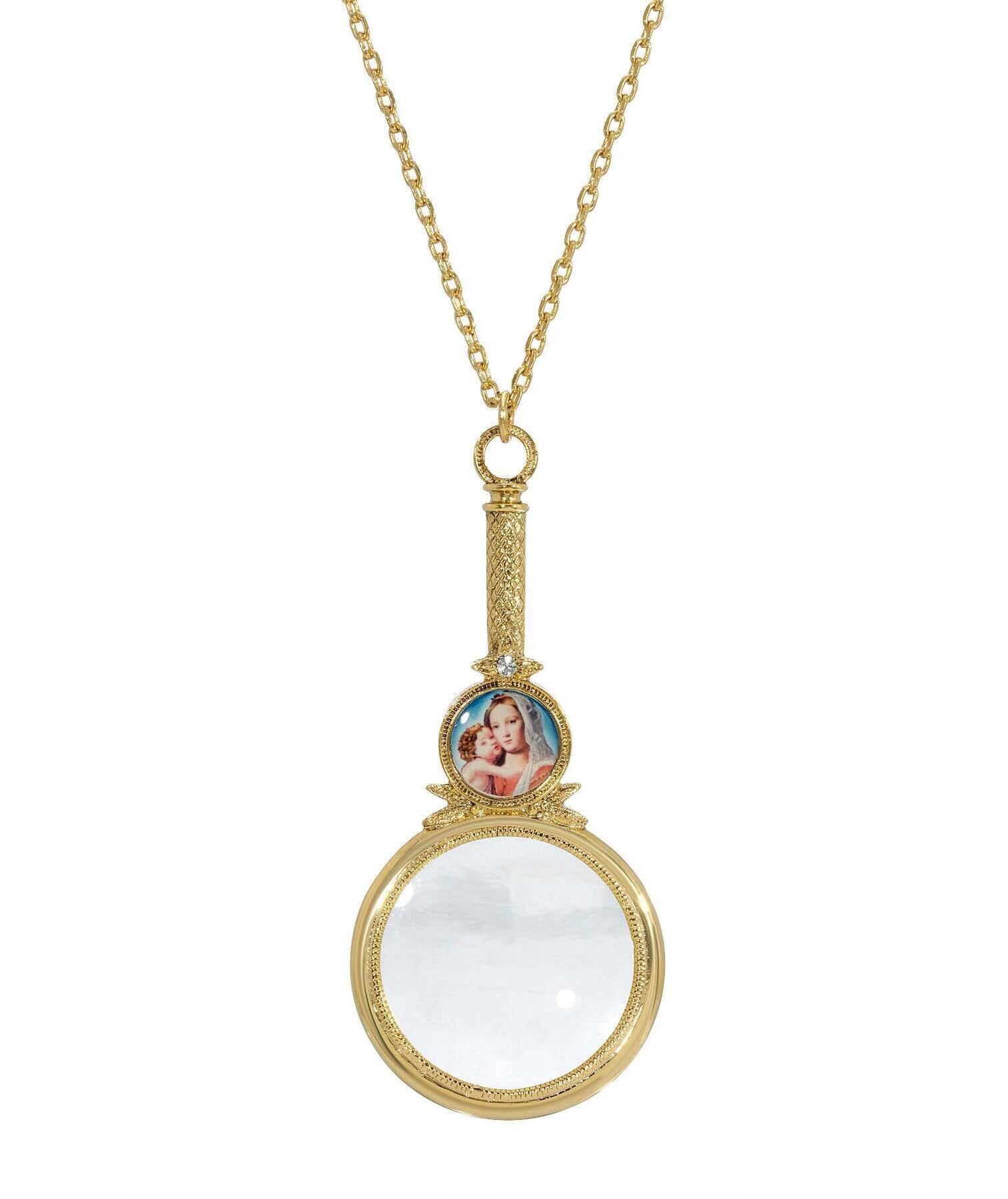Symbols of Faith Mary and Child Magnifying Glass Pendant Necklace 36" - Magnification Power: 2-3X
