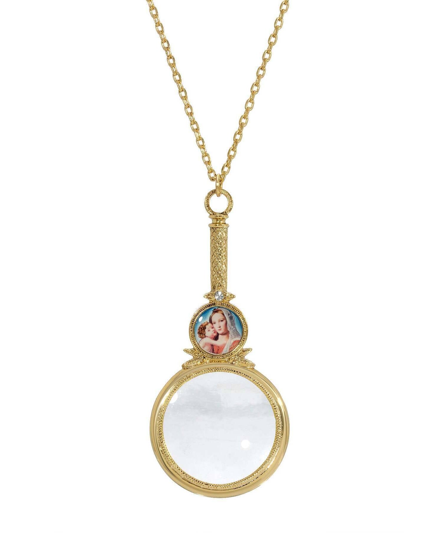 Symbols of Faith Mary and Child Magnifying Glass Pendant Necklace 36" - Magnification Power: 2-3X