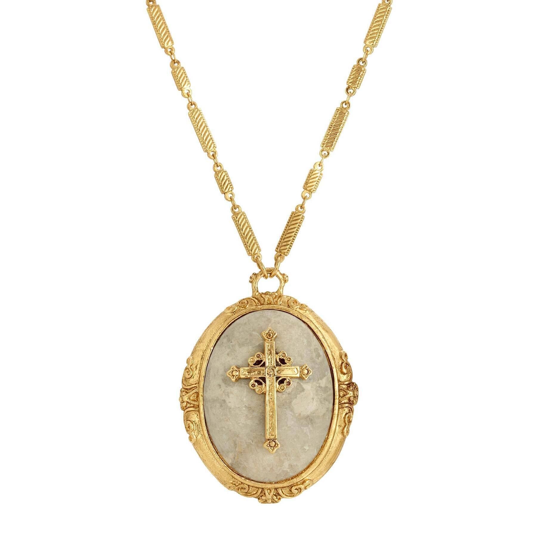 Symbols of Faith Oval Riverstone Cross Pendant Necklace 30"